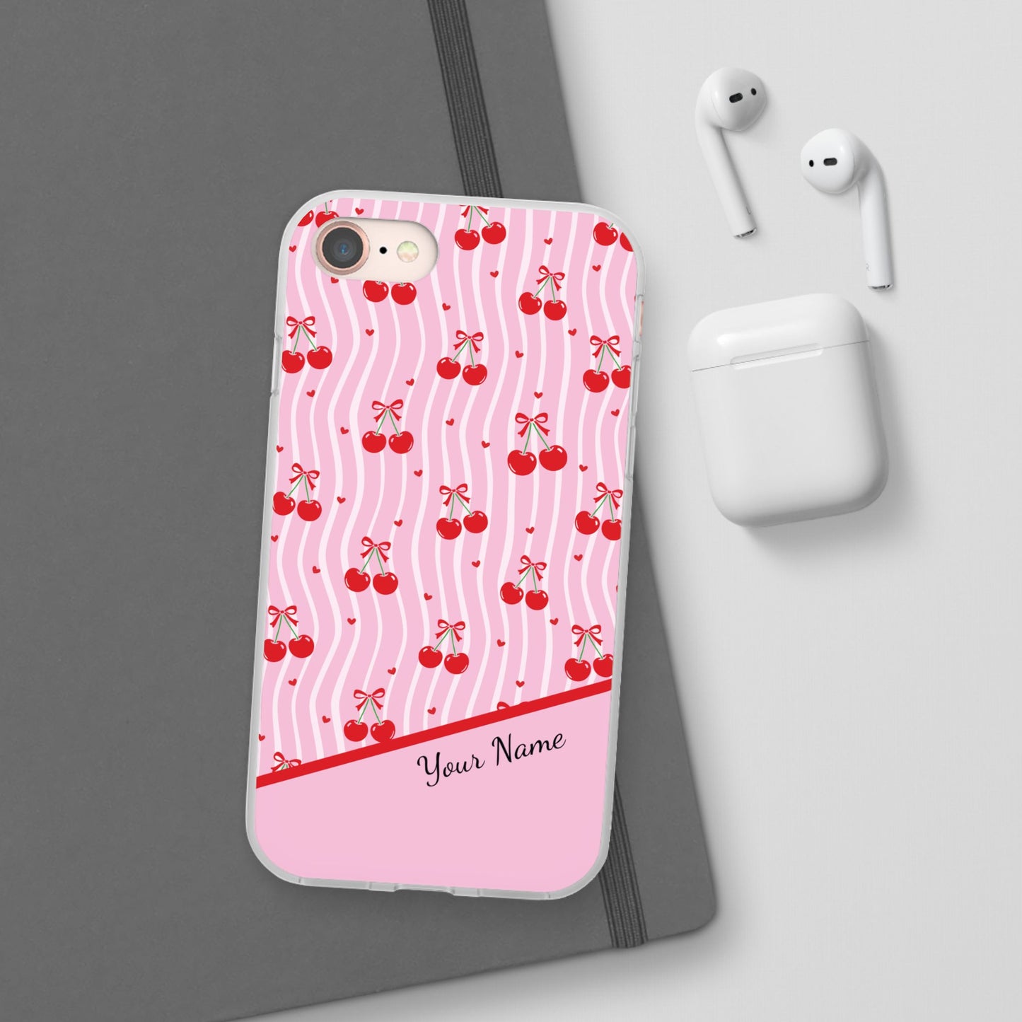 Personalized Cherry Blossom Dreams Flexi Case — Pink Retro Cherry iPhone® 7/8, 11, 12, 13, 14, 15, 16, 17, X/XS, SE, XR, Mini, Pro, Pro Max, Plus Cases.