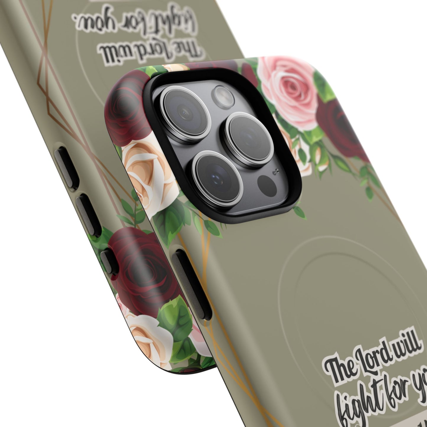 The Lord will Fight for You Exodus 14:14, Inspirational Gift, Tough iPhone Magnetic Case Scripture, Roses Bible Verse, MagSafe® iPhone® Tough Case, iPhone 14, iPhone 15, iPhone 16, Pro, Pro Max, Plus.