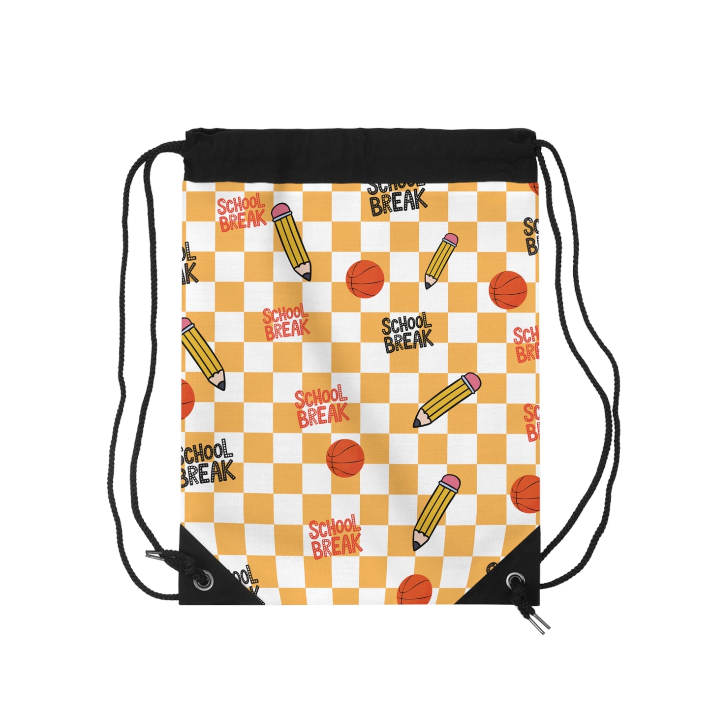 Custom Orange Schoolyard Chic Composition Book Inspired Colorful plsyful icons Drawstring Bag | Personalized College Ruled Tote | Kids School Gear | Fun Gym Sack | Back to School Accessory