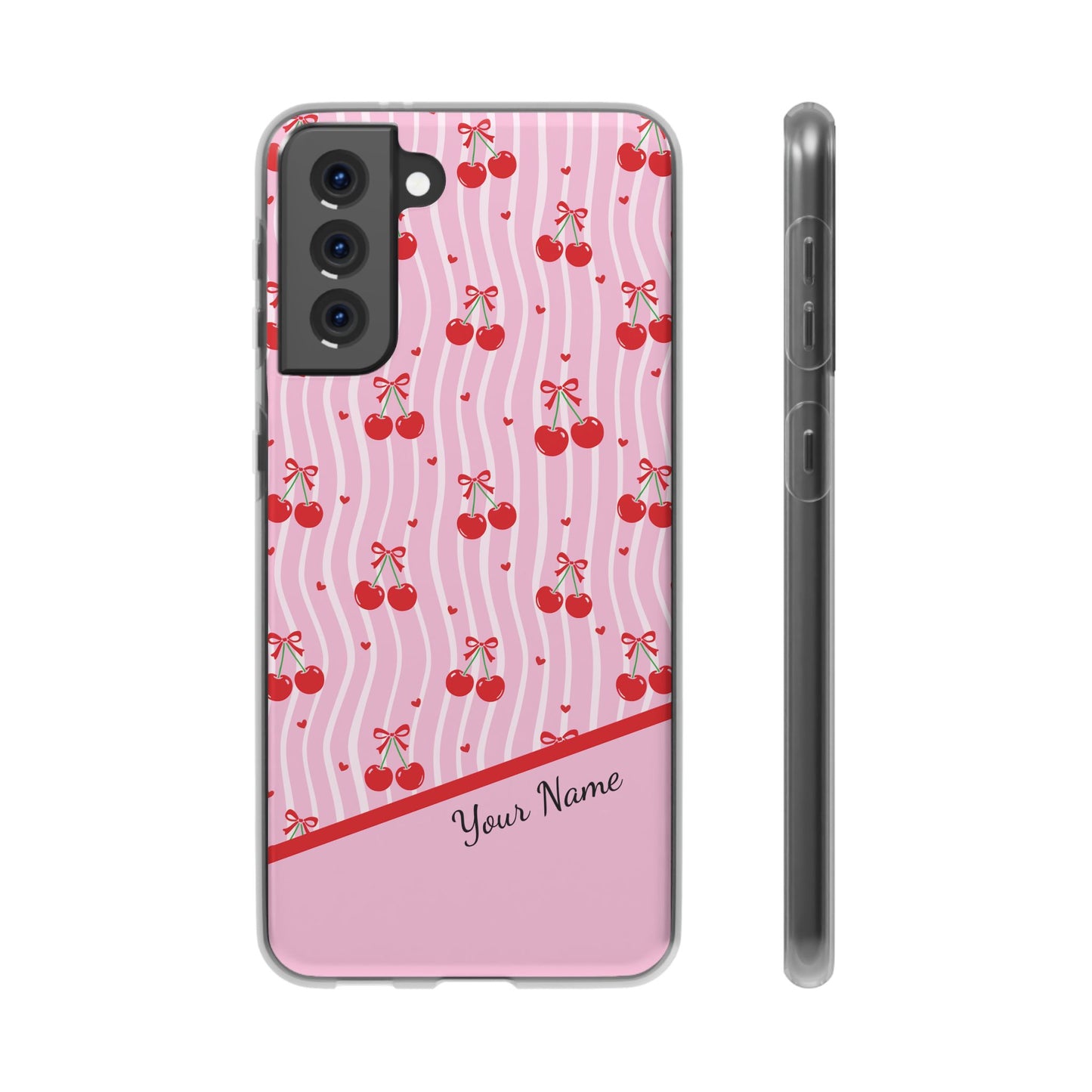 Personalized Cherry Blossom Dreams Flexi Case — Pink Retro Cherry iPhone® 7/8, 11, 12, 13, 14, 15, 16, 17, X/XS, SE, XR, Mini, Pro, Pro Max, Plus Cases.