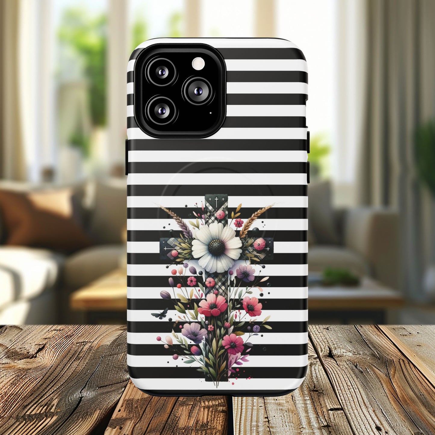 Faith in Bloom Tough iPhone Magnetic Case, iPhone Accessories, Floral iPhone Cover, Durable Cases for Gifts, Black and White Stripes