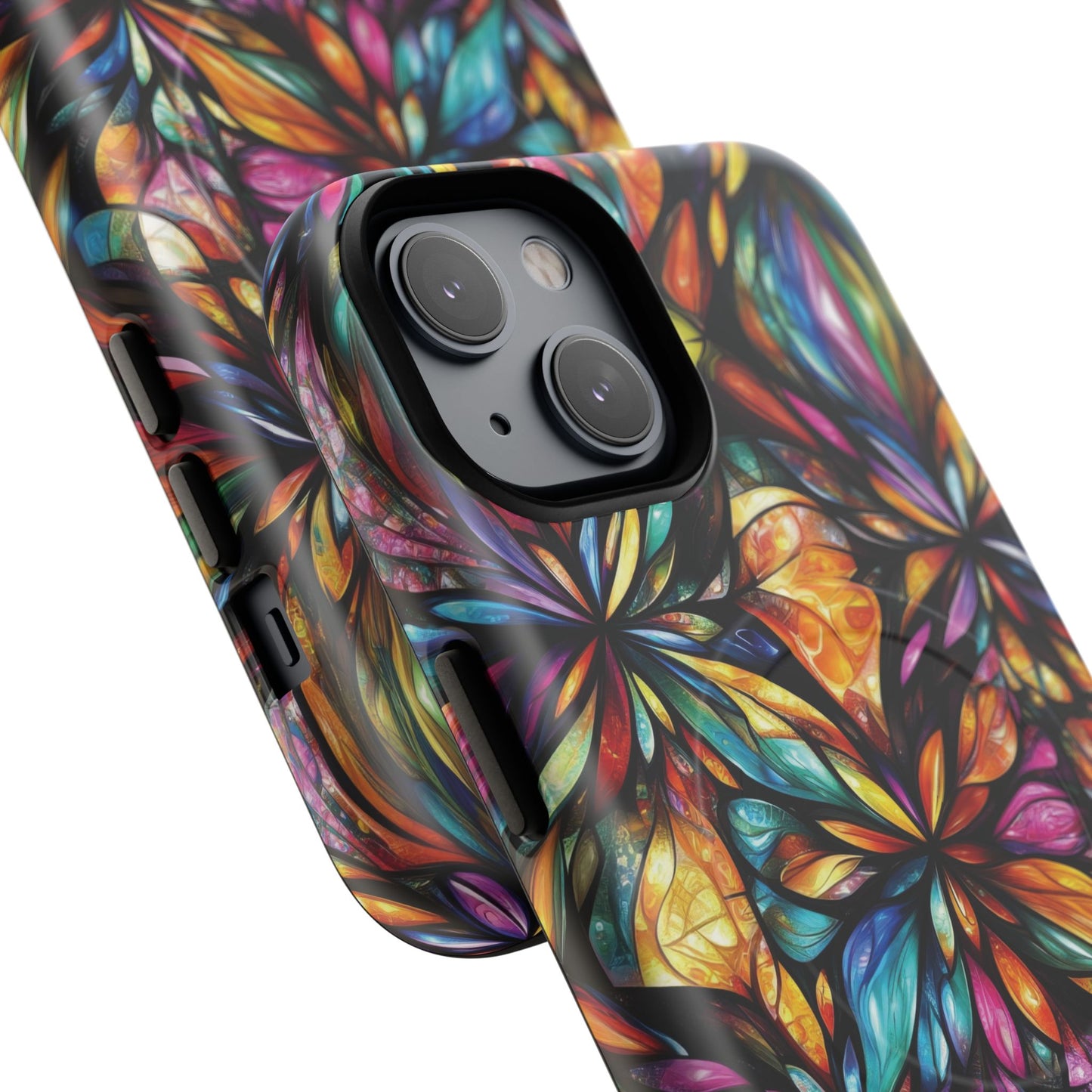 Luminous Whirl Tough Magnetic iPhone Cases, Vibrant Protection, Unique Floral Print, Durable Cover, Gift for Tech Lovers, iPhone Accessory, Stained Glass iPhone Design.
