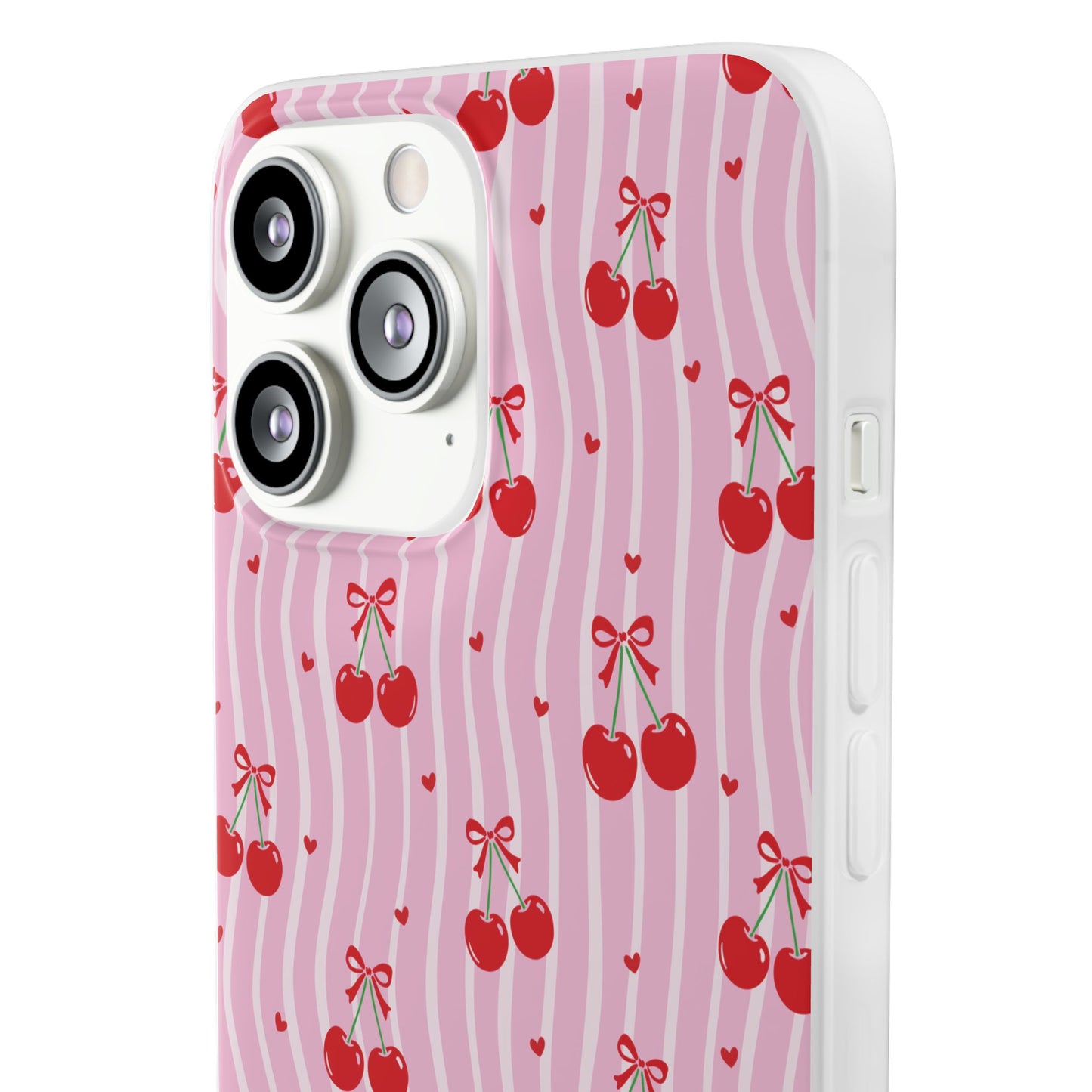 Personalized Cherry Blossom Dreams Flexi Case — Pink Retro Cherry iPhone® 7/8, 11, 12, 13, 14, 15, 16, 17, X/XS, SE, XR, Mini, Pro, Pro Max, Plus Cases.