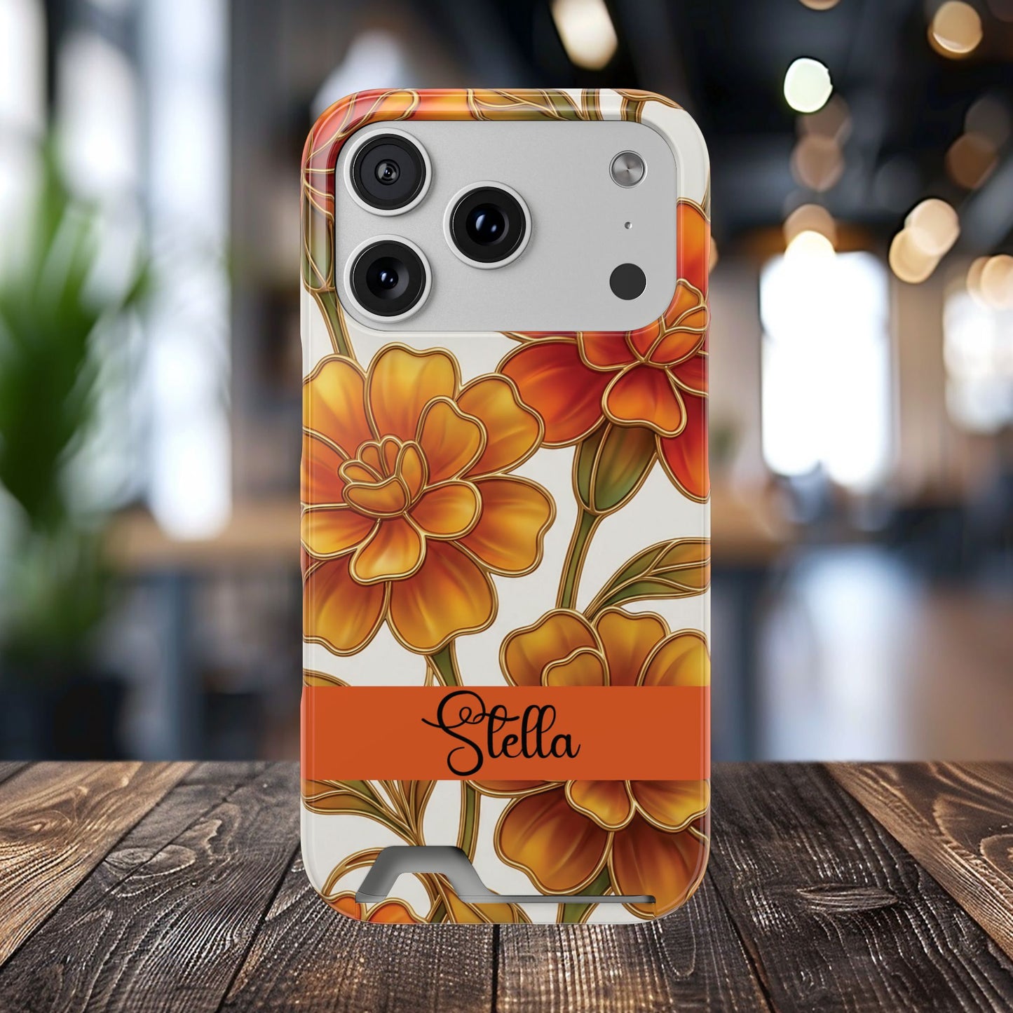 Personalized Orange Stained Glass Effect Marigold Floral Cardholder iPhone and Samsung Case