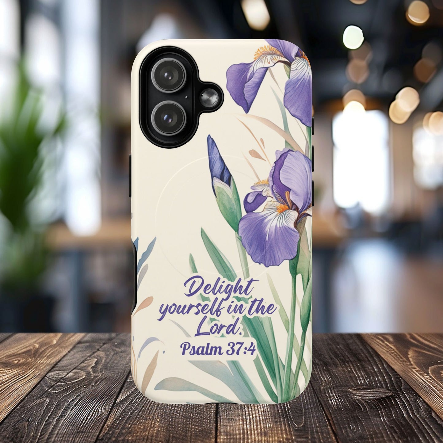 Delight yourself in the Lord Psalm 37:4, Inspirational Gift, iPhone Magnetic Case Scripture, Floral Bible Verse, MagSafe® iPhone® Tough Case, iPhone 14, iPhone 15, iPhone 16, Pro, Pro Max, Plus.