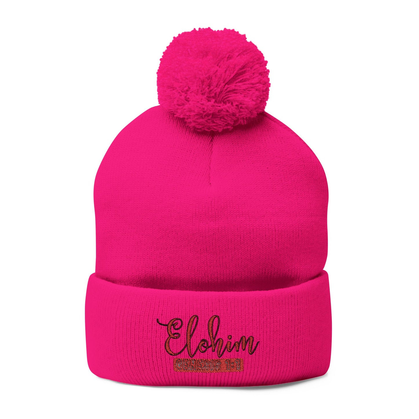 Red Pom-Pom Knit Cap with 'ELOHIM, GENESIS 1:1'  Embroidery Beanie - Stylish Winter Accessory for All Ages, Perfect Gift for Birthdays, Holidays, and Outdoor Activities