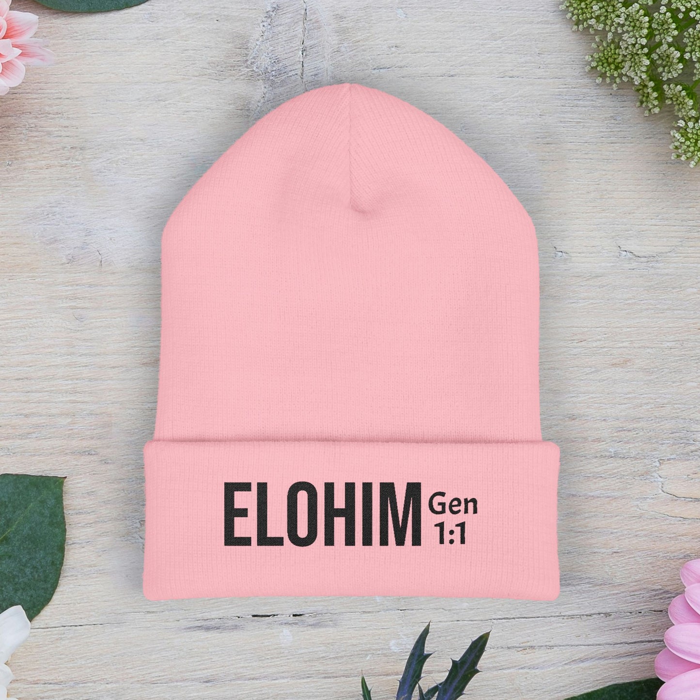 Embroidered 'ELOHIM, GENESIS 1:1' Classic Cuffed Beanie - Cozy Winter Hat, Streetwear Accessory, Personalized Gifts, Religious Apparel, Unisex Beanie