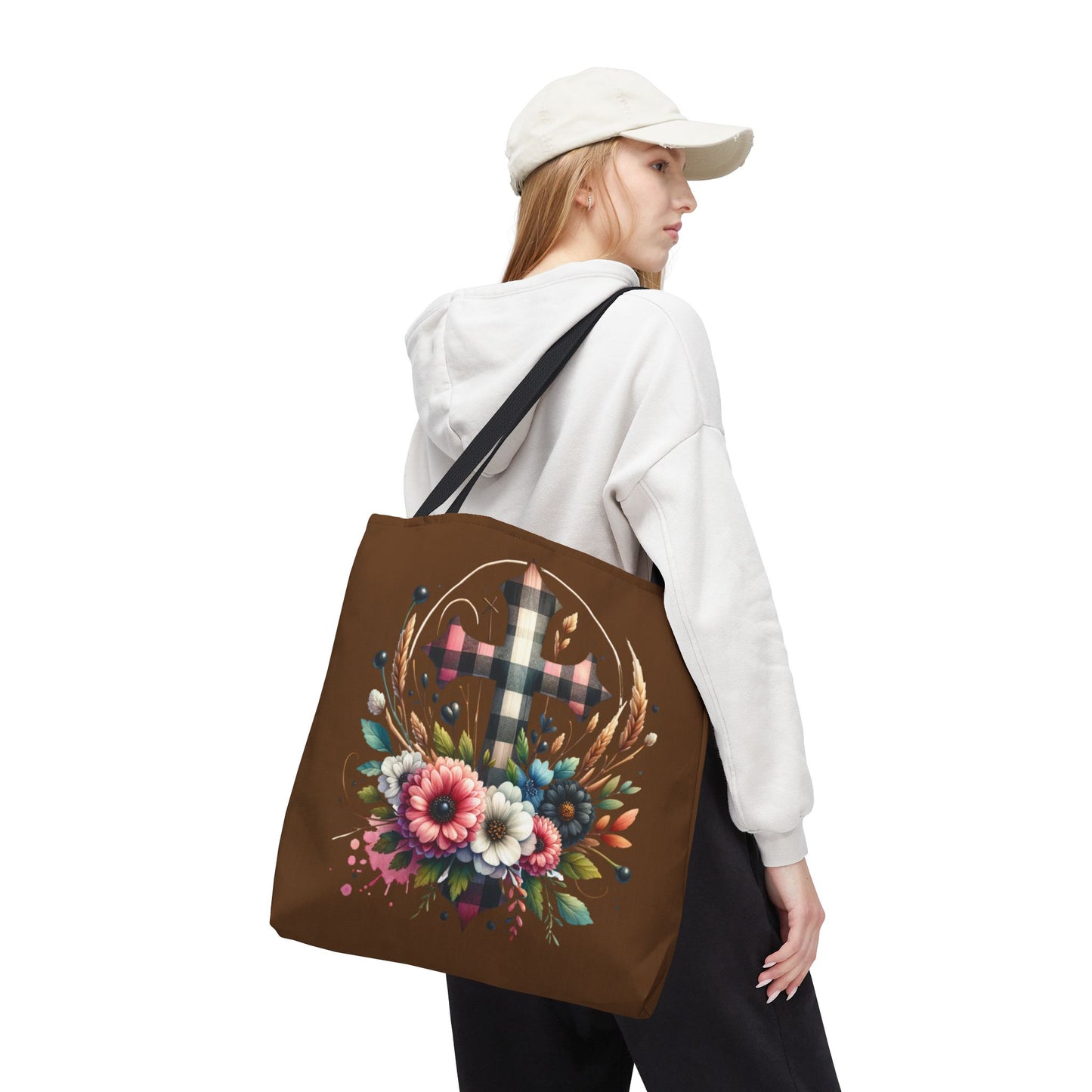 Faith and Floral Cross Heart Tote Bag