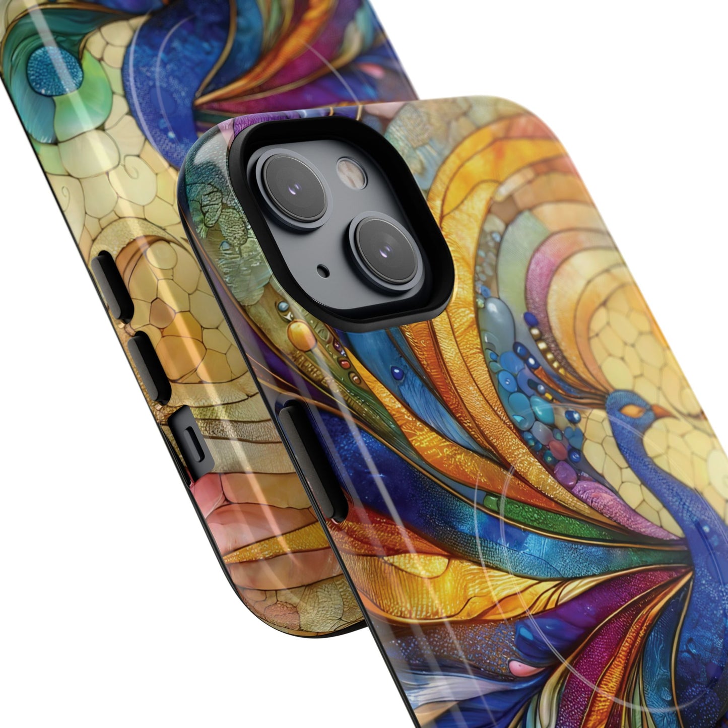 Mosaic Peacock Feathers Magnetic Phone Case, Tough Phone Shell, Vibrant Art Case, Gift for Her, Unique Phone Accessory, Wildlife Lover's Gift, Stained Glass Case.