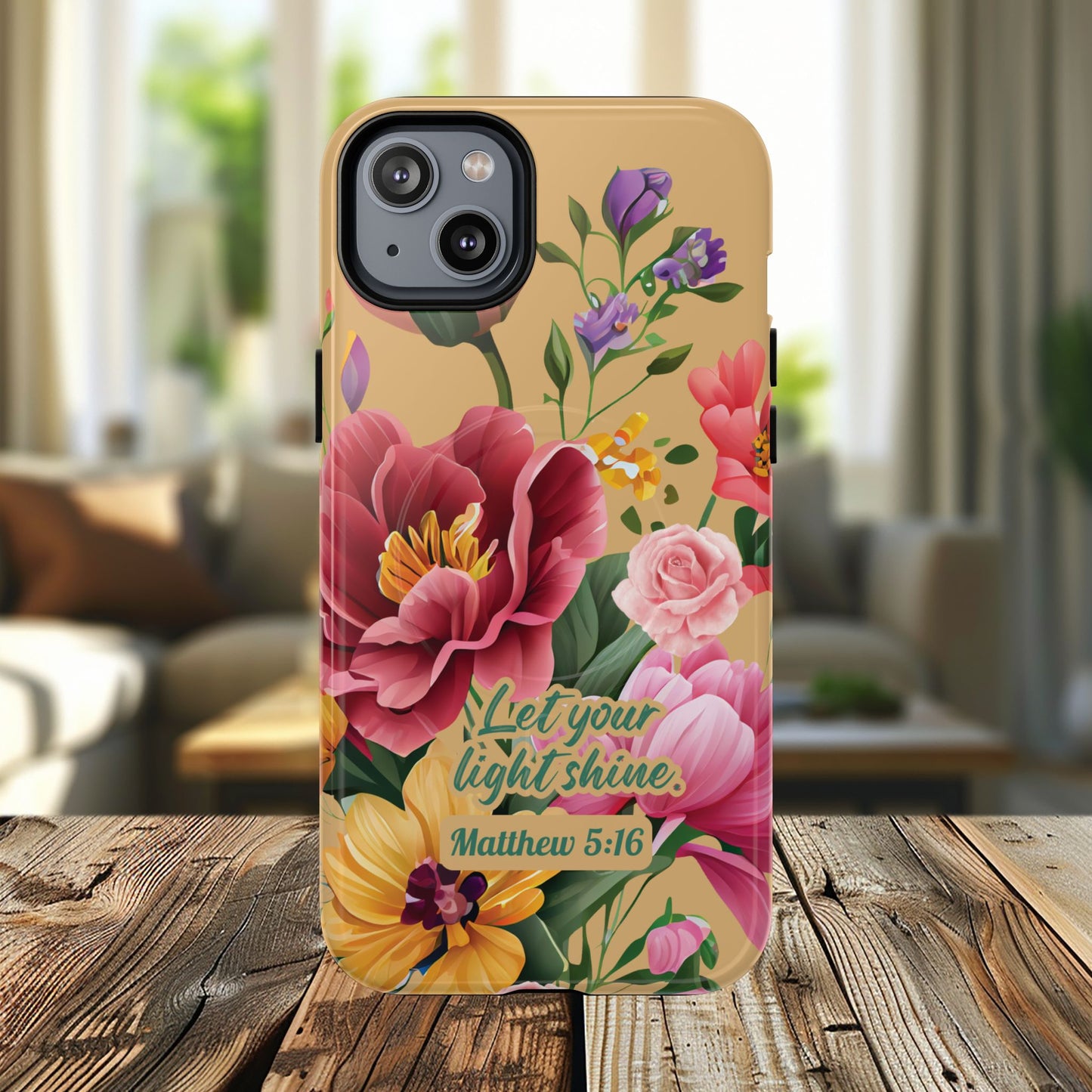 Let your Light Shine Matthew 5:16, Inspirational Gift, Tough iPhone Magnetic Case Scripture, Floral Bible Verse, MagSafe® iPhone® Tough Case, iPhone 14, iPhone 15, iPhone 16, Pro, Pro Max, Plus.