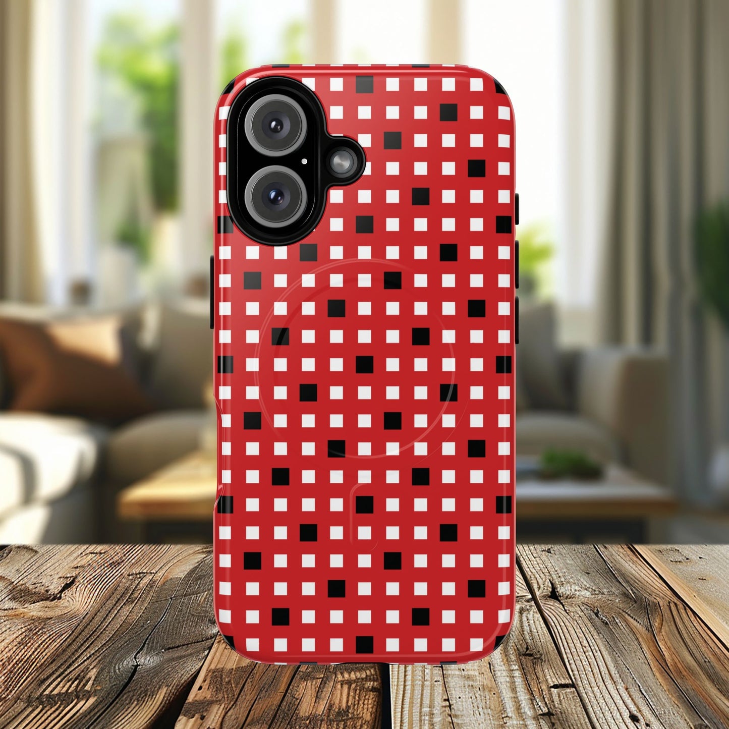 Crimson Gridlock Tough iPhone Magnetic Cases, Durable iPhone Accessories, Gift for Tech Lovers, Modern Design