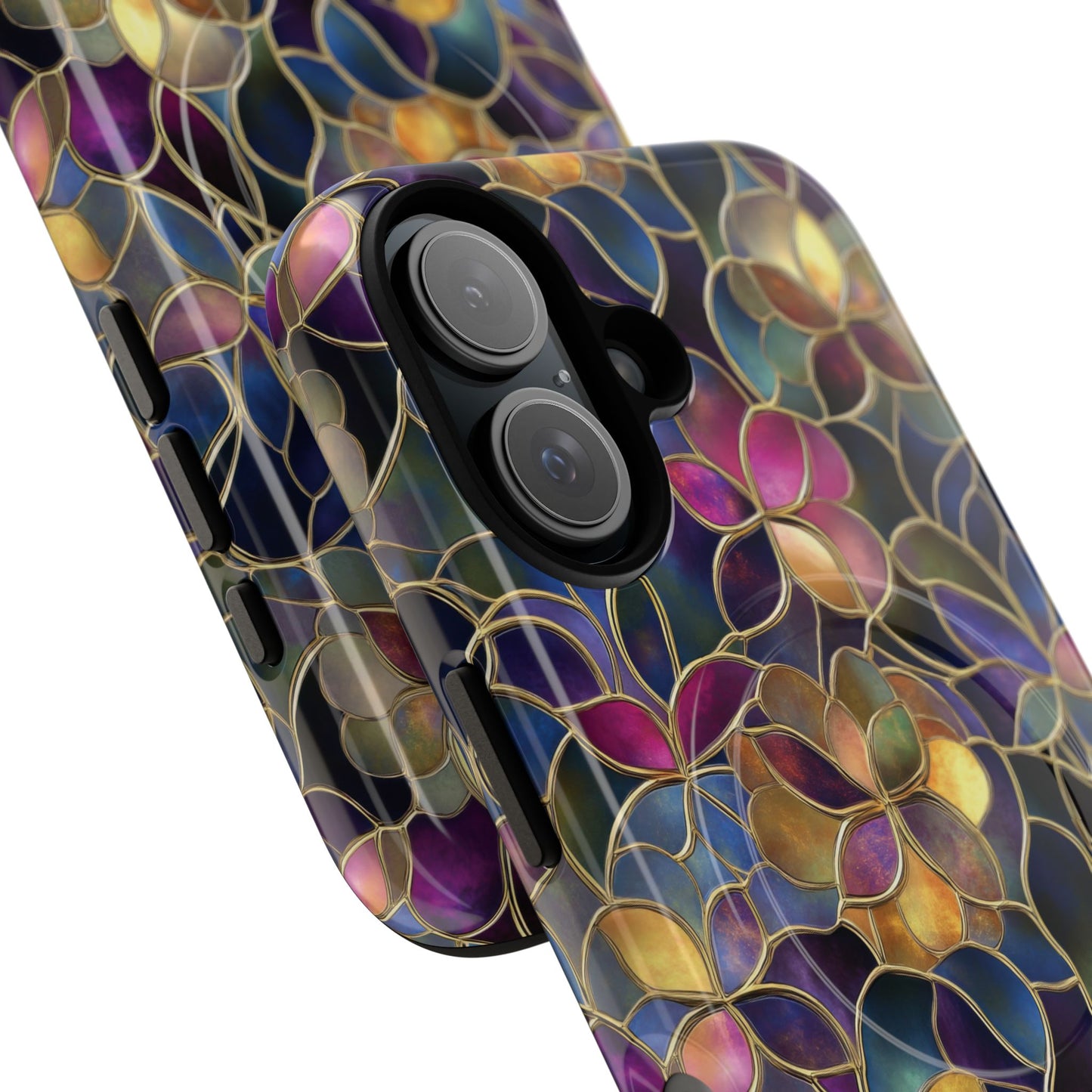 Chromatic Bloom Tough iPhone Magnetic Case, Tough iPhone Cover, Floral iPhone Accessory, Birthday Gift, Elegant Tech Decor, MagSafe Stained Glass Pattern.