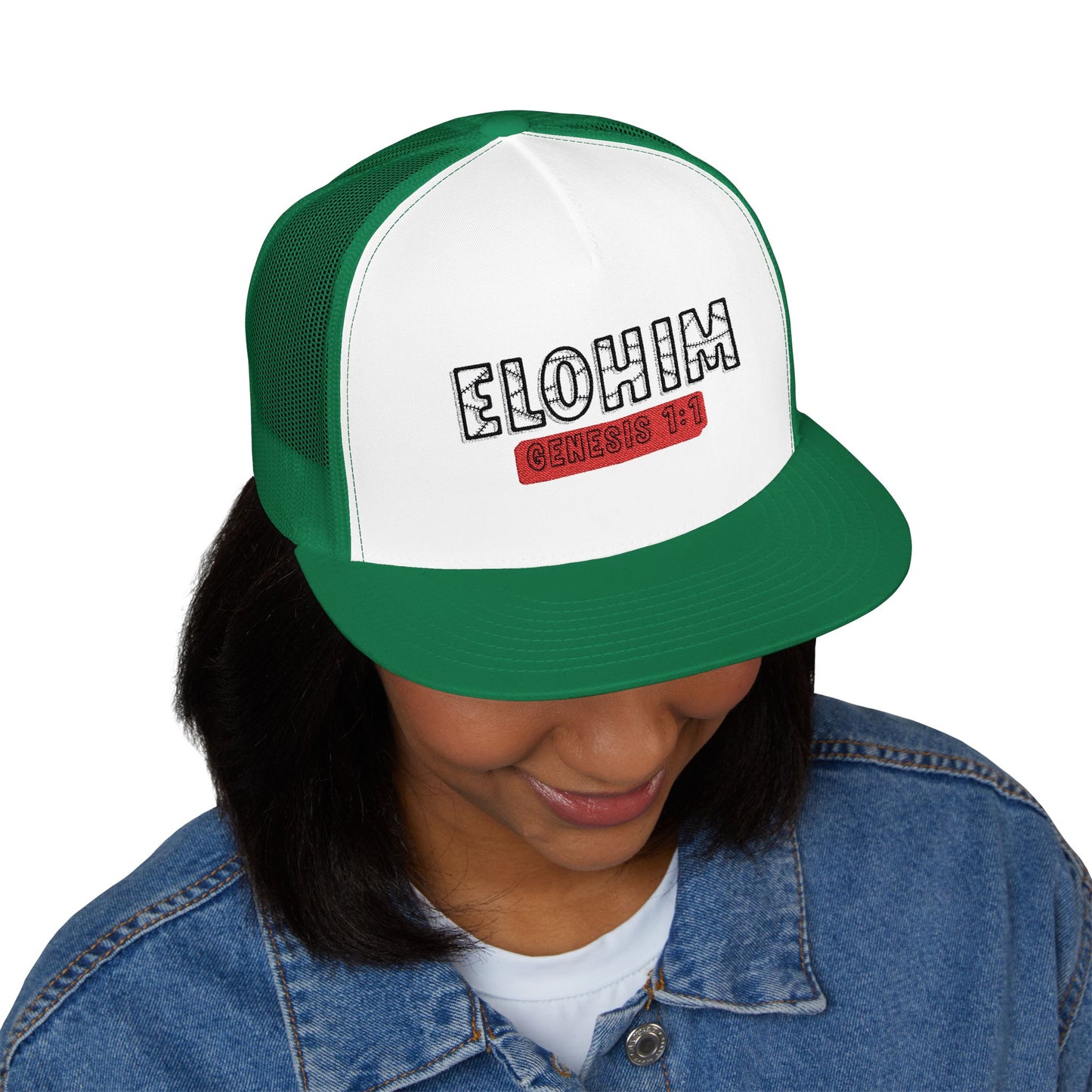 'ELOHIM, GENESIS 1:1'  Embroidered 5 Panel Trucker Cap | Casual Style Hat, Adjustable, Unisex, Perfect Gift for Outdoors, Festivals, Daily Wear
