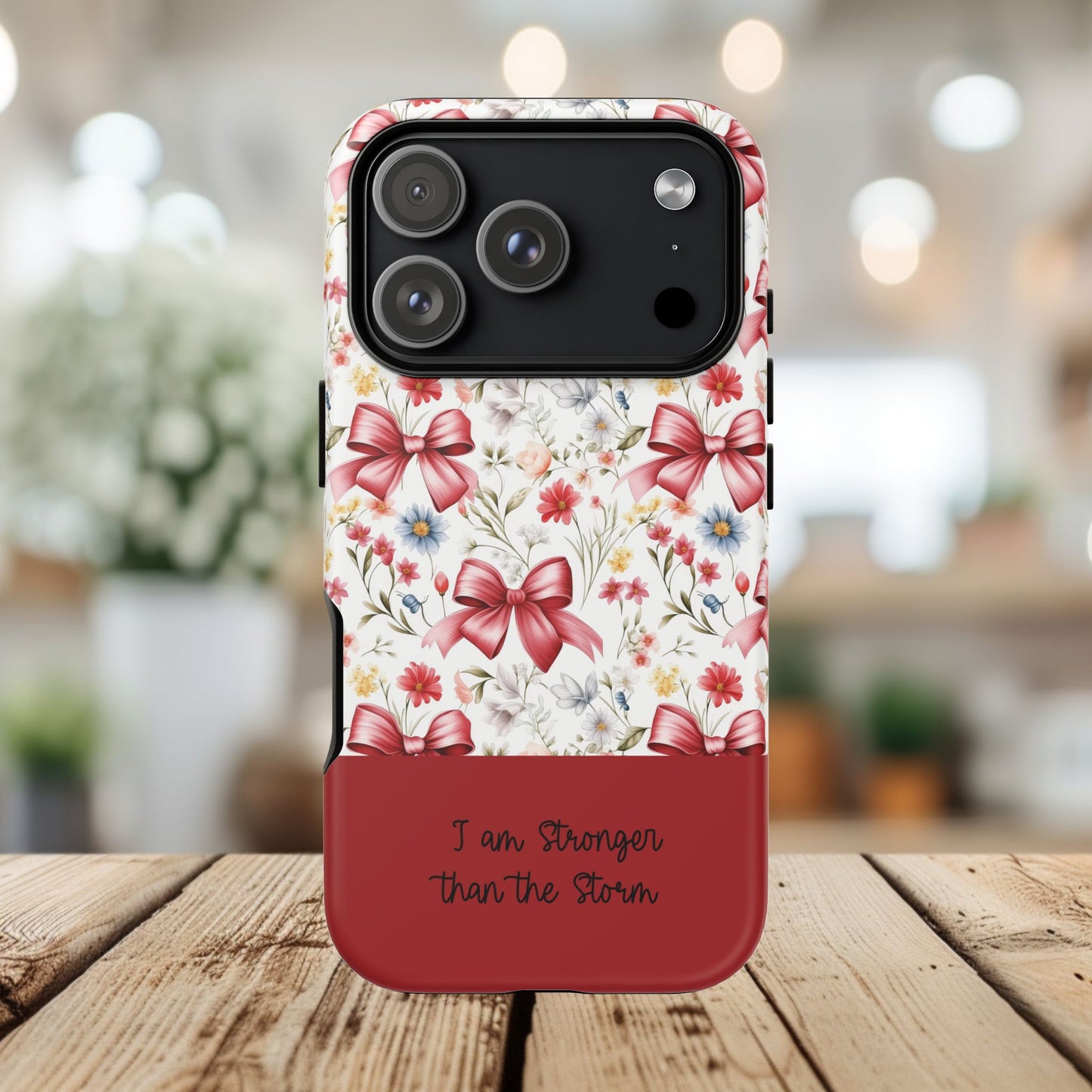 Personalized Rosette Coquette Phone Case - Custom Name/Message 'I Am Stronger Than The Storm' Floral Bow Protective Case
