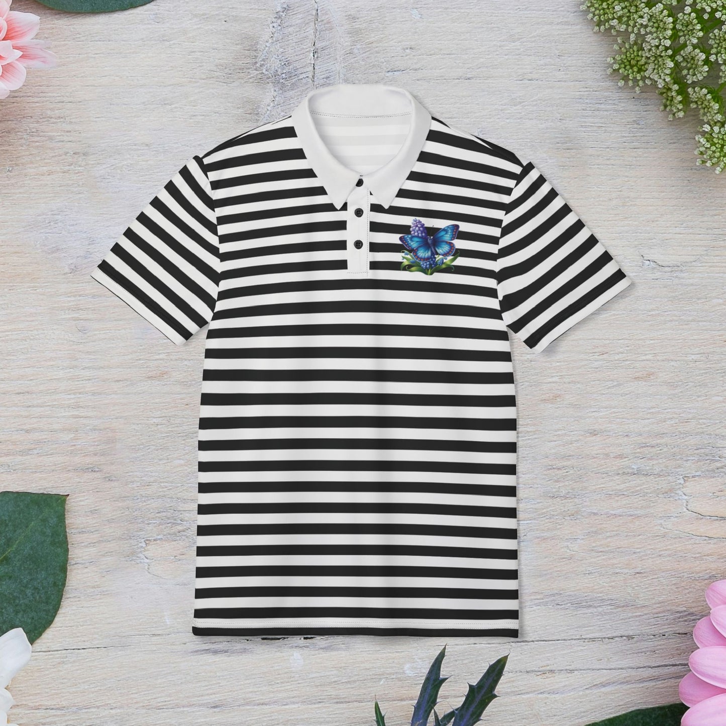 Elegant Floral Butterfly Striped Unisex Polo Shirt, Casualwear, Summer Fashion, Gift for Him/Her, Outdoor Activities, Everyday Style, Gift for Her and Gift for Him.