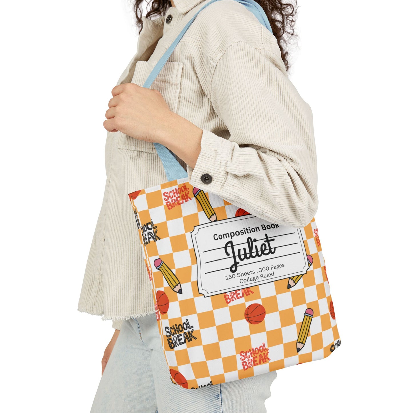 Personalized Orange Schoolyard Chic Composition Book Inspired Canvas Tote Bag with Colorful Straps, Cute School Bag, Eco-Friendly Tote, Back to School Shopping Bag, Teacher Gift Idea