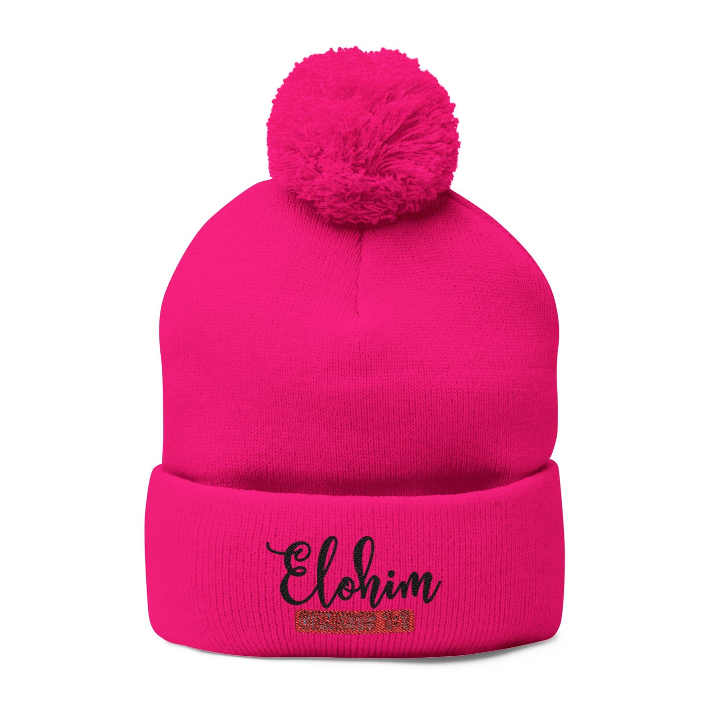 Pom-Pom Knit Cap with 'ELOHIM, GENESIS 1:1'  Embroidery Beanie - Stylish Winter Accessory for All Ages, Perfect Gift for Birthdays, Holidays, and Outdoor Activities