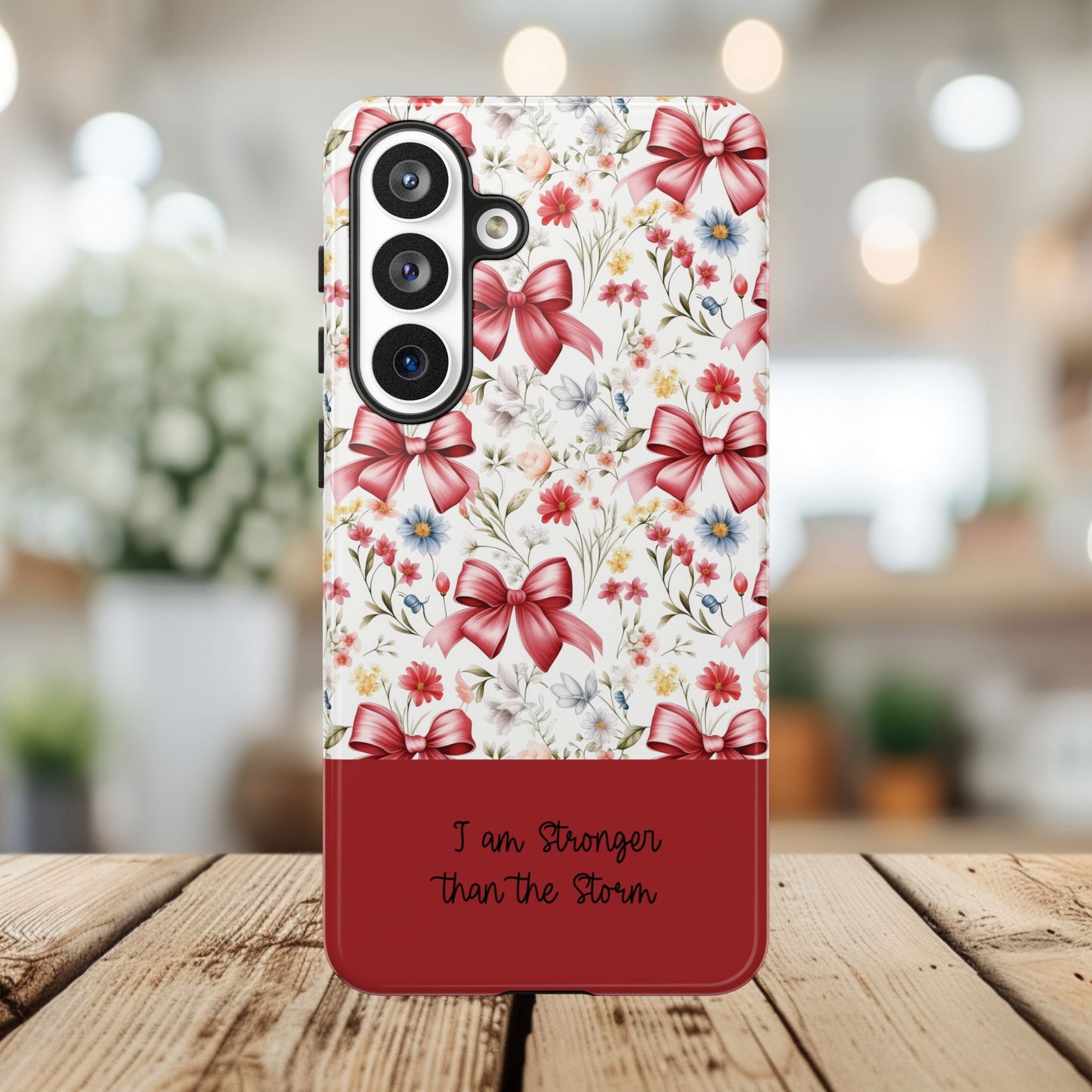 Personalized Rosette Coquette Phone Case - Custom Name/Message 'I Am Stronger Than The Storm' Floral Bow Protective Case