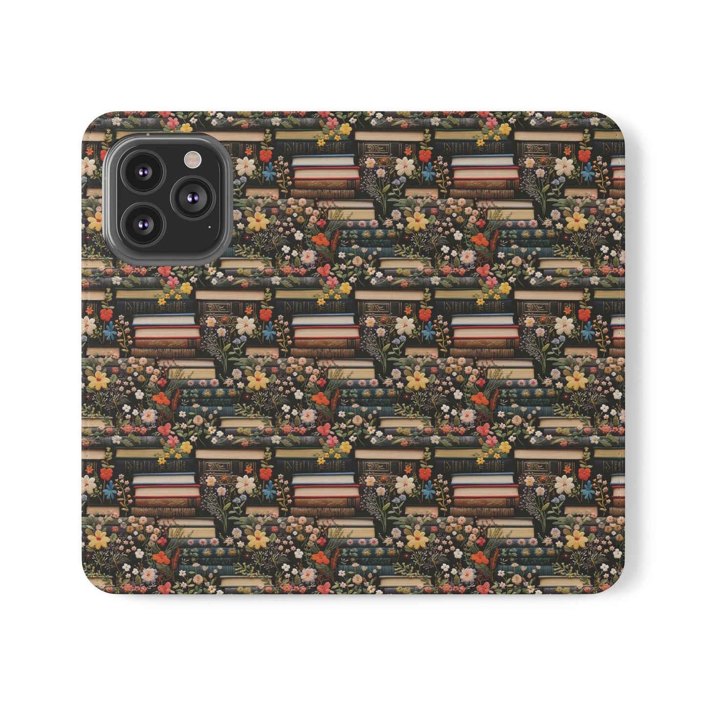 Book Stack Floral Flip iPhone and Samsung Phone Case — Vintage Library Wallet Cover.