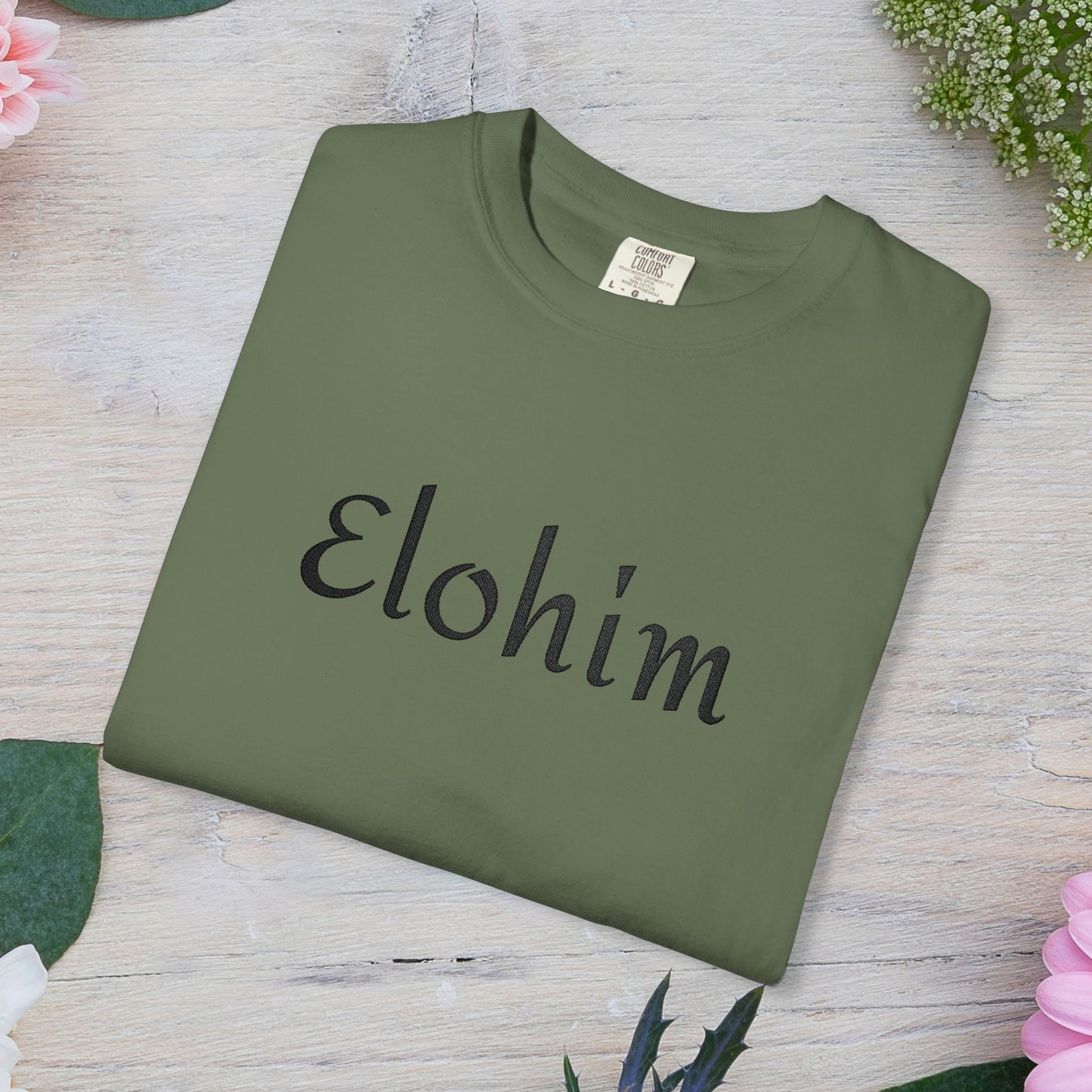 Embroidery 'ELOHIM, GENESIS 1:1' - Faith-Based Unisex Garment-Dyed Comfort Colors T-shirt, Faith Gift Tee, Religious Tee, Embroidery Tee.