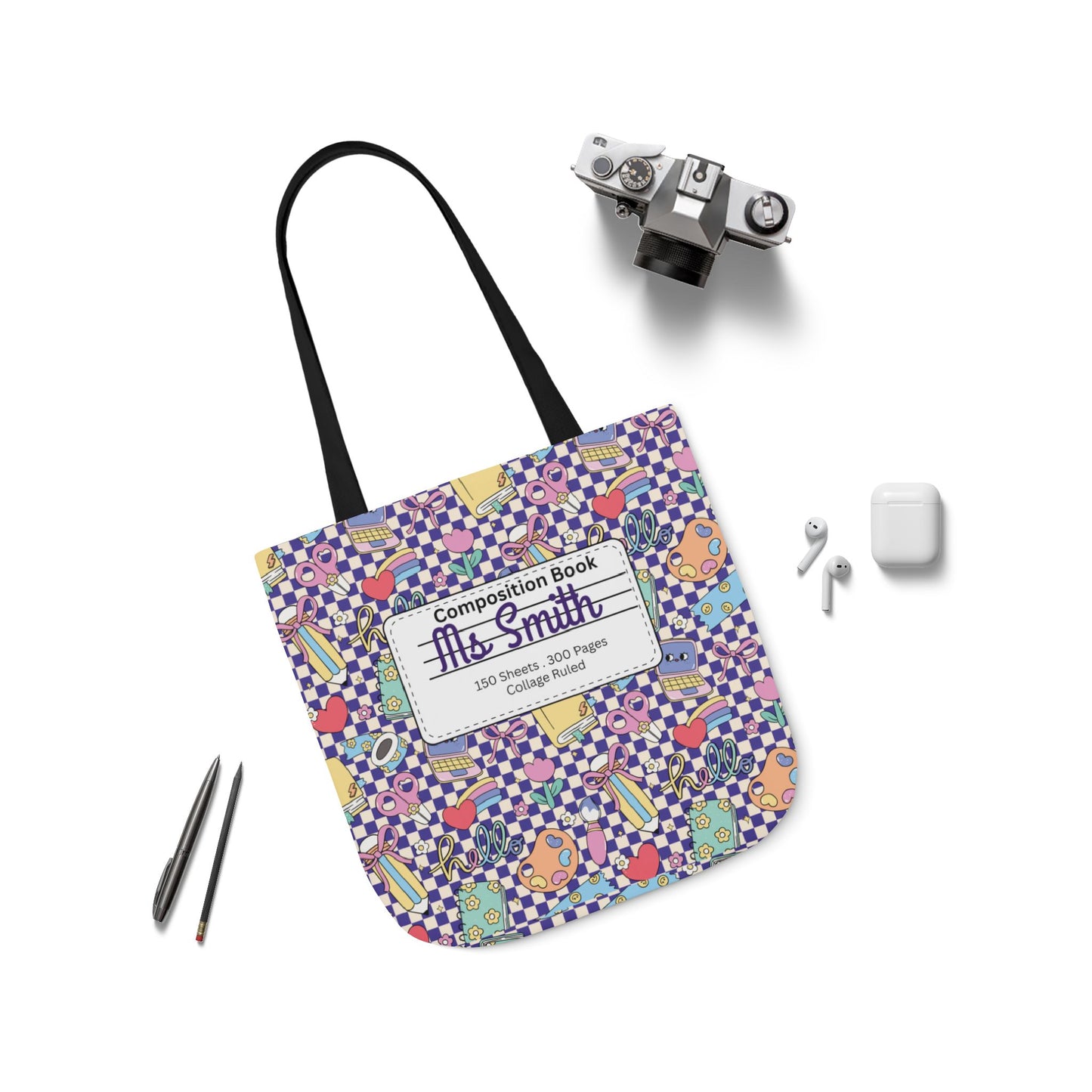 Personalized Purple Doodle Daydream Composition Book Inspired Canvas Tote Bag with Colorful Straps, Cute School Bag, Eco-Friendly Tote, Back to School Shopping Bag, Teacher Gift Idea