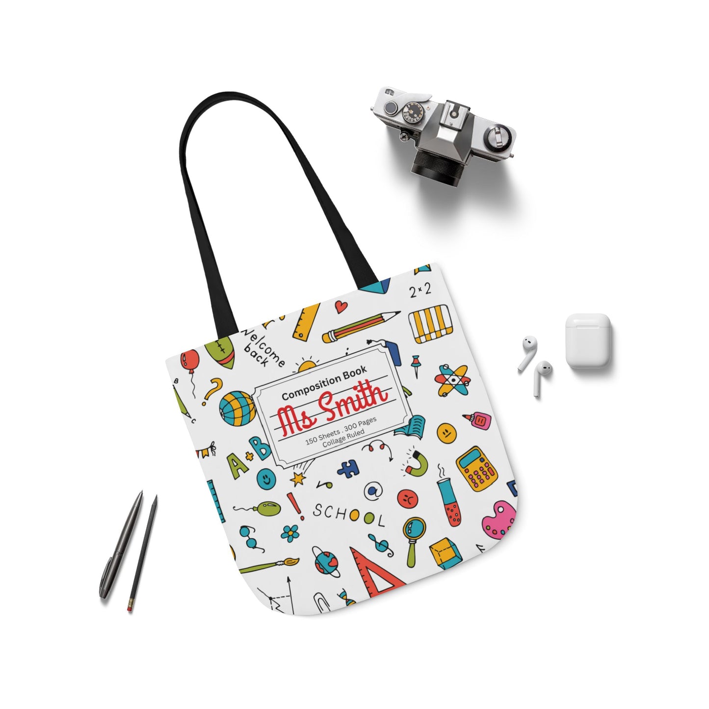 Personalized Classroom Couture Composition Book Inspired Canvas Tote Bag with Colorful Straps, Cute School Bag, Eco-Friendly Tote, Back to School Shopping Bag, Teacher Gift Idea