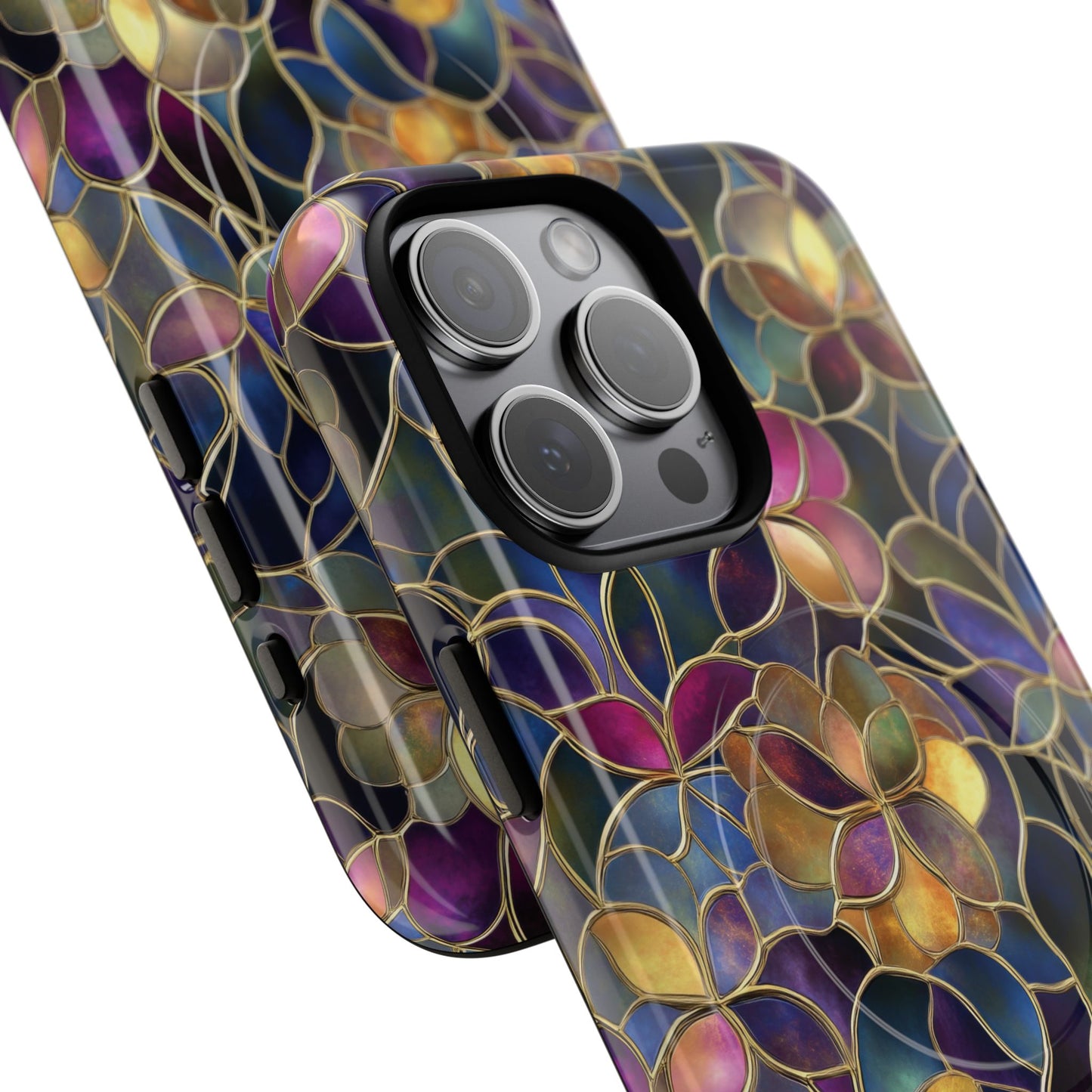 Chromatic Bloom Tough iPhone Magnetic Case, Tough iPhone Cover, Floral iPhone Accessory, Birthday Gift, Elegant Tech Decor, MagSafe Stained Glass Pattern.