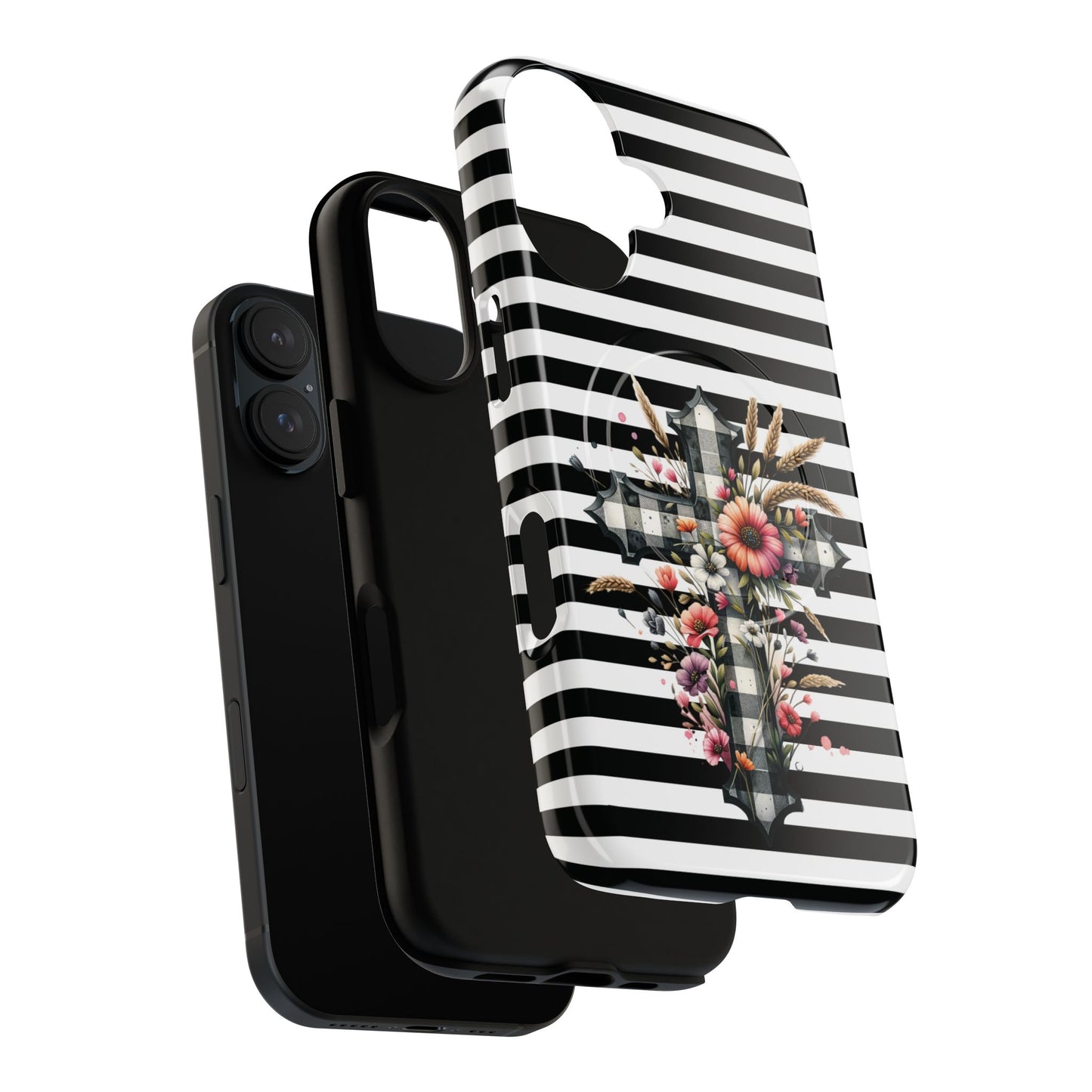 Grace in Bloom Tough Magnetic iPhone Case with Floral Cross Design, Boho iPhone Cover, Striped iPhone Case, Unique Religious Gift, Trendy Cell iPhone Accessory.
