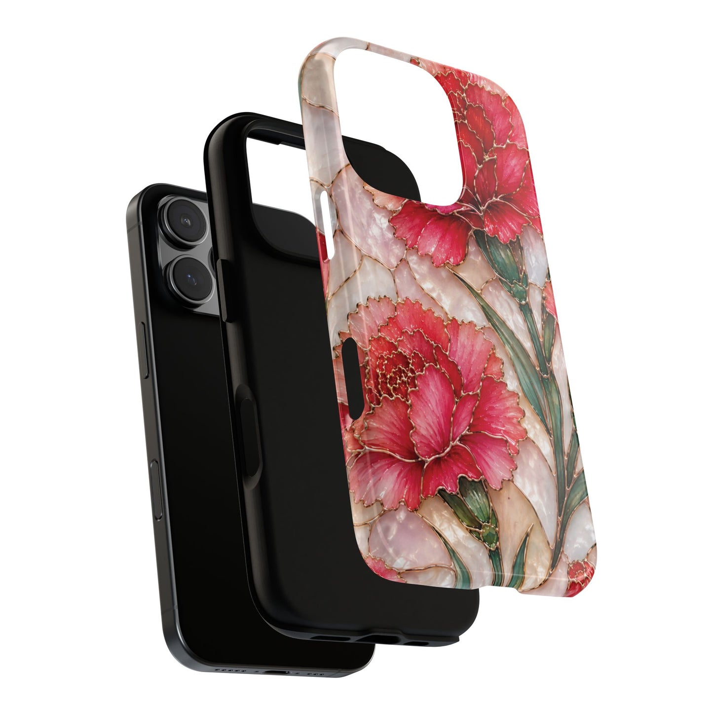 Stained Glass Effect Carnation Floral Tough Phone Case – Pink Vintage Botanical Protective Cover