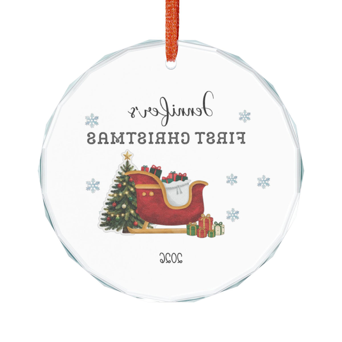 Personalized "First Christmas" Glass Ornament — Custom Name & Year, Sleigh & Tree Holiday Keepsake