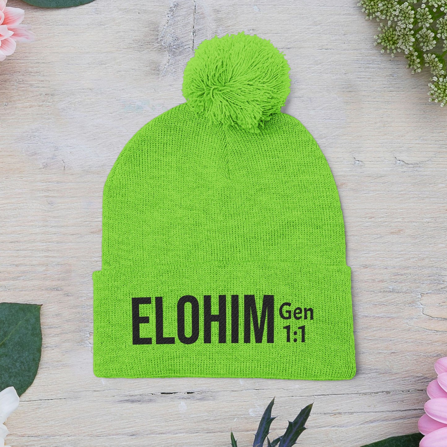 Cozy Pom-Pom Knit Cap with 'ELOHIM, GENESIS 1:1'  Embroidery Beanie - Stylish Winter Accessory for All Ages, Perfect Gift for Birthdays, Holidays, and Outdoor Activities