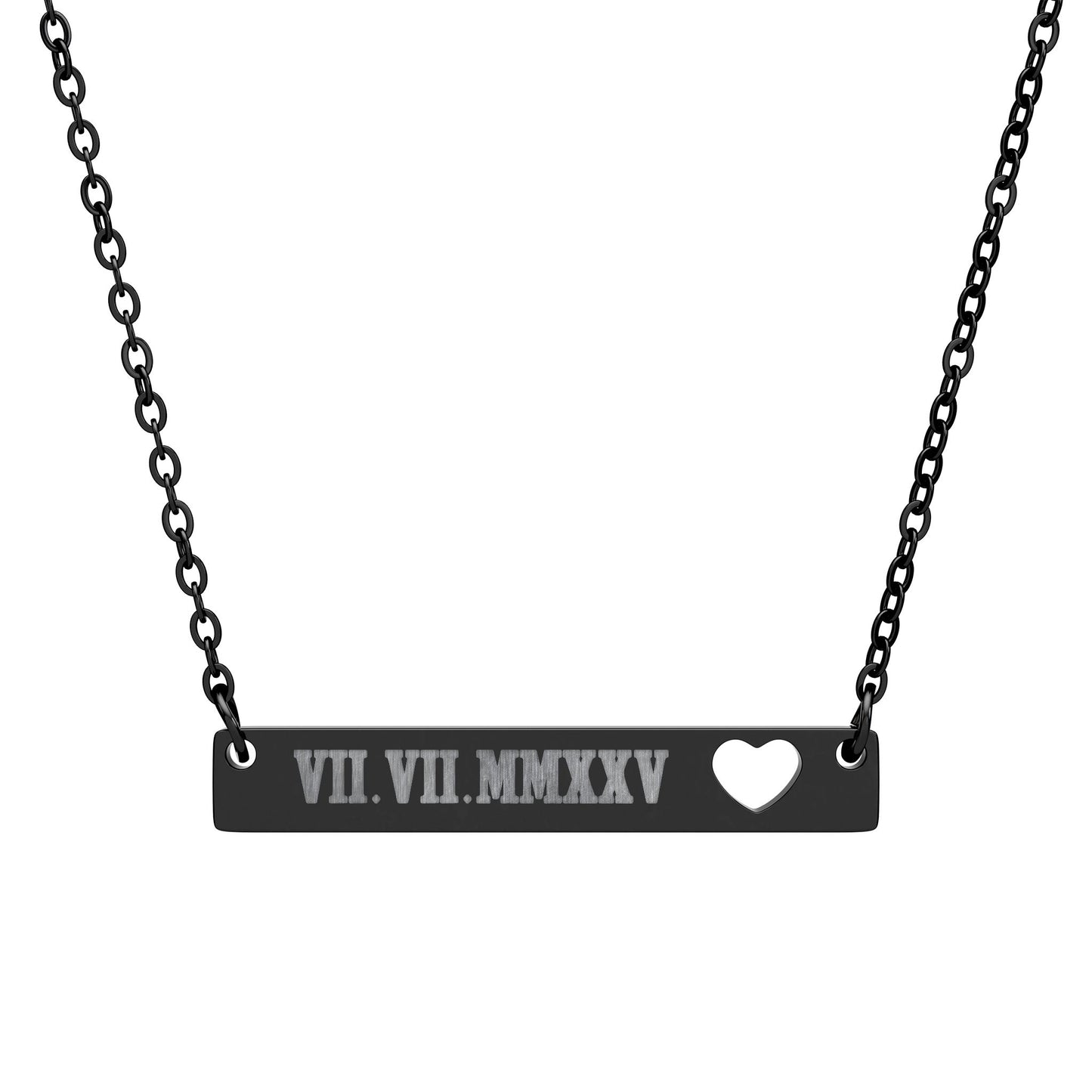 Engravable Cutout Heart Bar Necklace — Personalized Date Roman Numerals/Message/Name