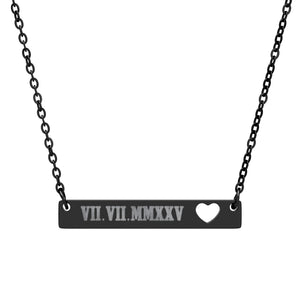 Engravable Cutout Heart Bar Necklace — Personalized Date Roman Numerals/Message/Name