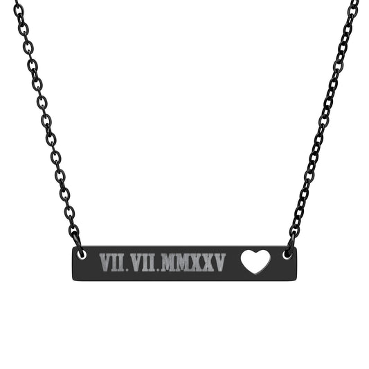 Engravable Cutout Heart Bar Necklace — Personalized Date Roman Numerals/Message/Name