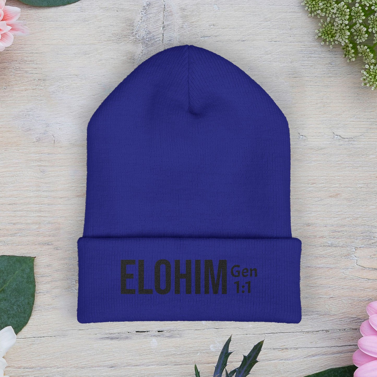 Embroidered 'ELOHIM, GENESIS 1:1' Classic Cuffed Beanie - Cozy Winter Hat, Streetwear Accessory, Personalized Gifts, Religious Apparel, Unisex Beanie