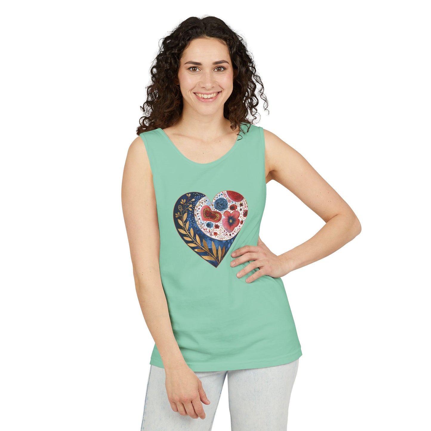 Floral Hearts Unisex Garment-Dyed Tank Top