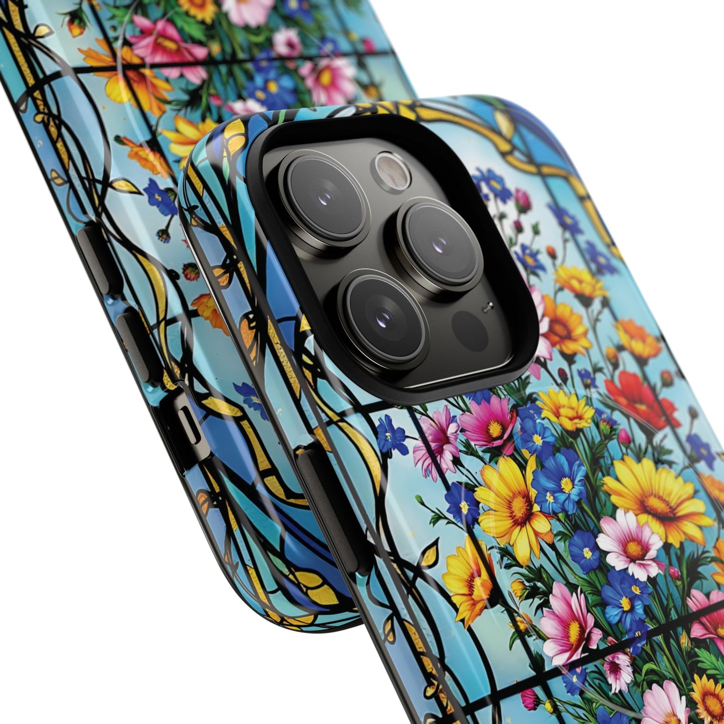 Floral Stained Glass Tough Magnetic Case, Durable Phone Cover, Gift for Nature Lovers, Unique Floral Design, Phone Accessories for All Occasions.