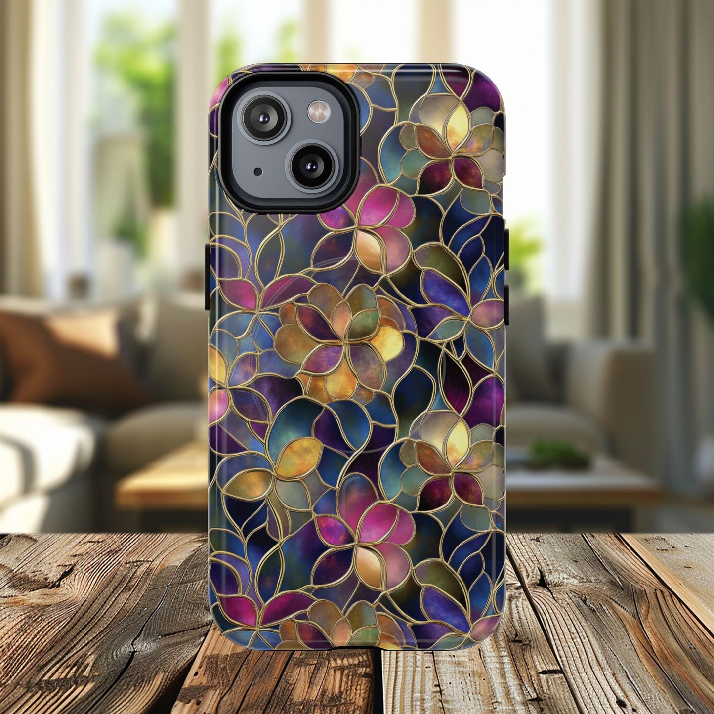 Chromatic Bloom Tough iPhone Magnetic Case, Tough iPhone Cover, Floral iPhone Accessory, Birthday Gift, Elegant Tech Decor, MagSafe Stained Glass Pattern.