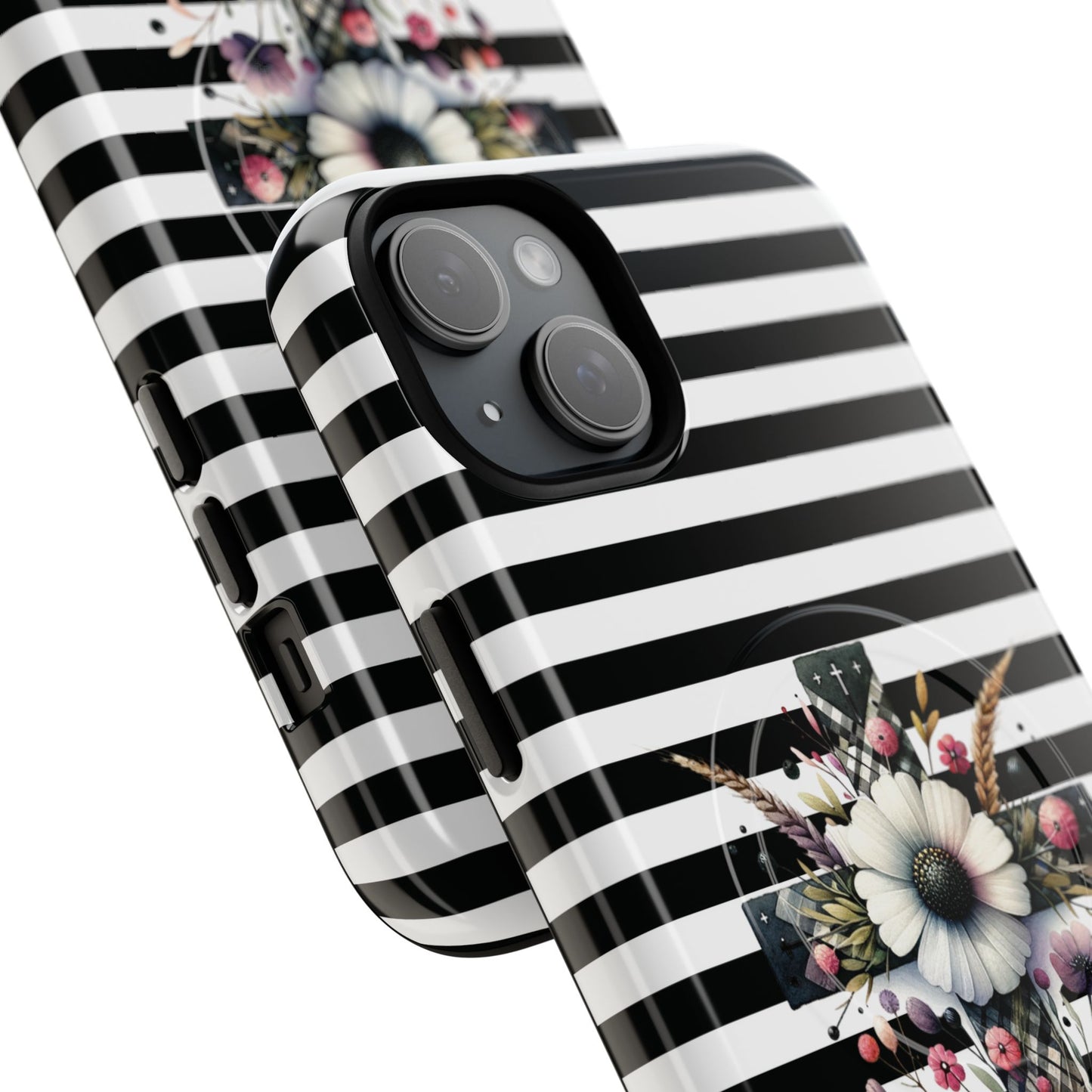 Faith in Bloom Tough iPhone Magnetic Case, iPhone Accessories, Floral iPhone Cover, Durable Cases for Gifts, Black and White Stripes