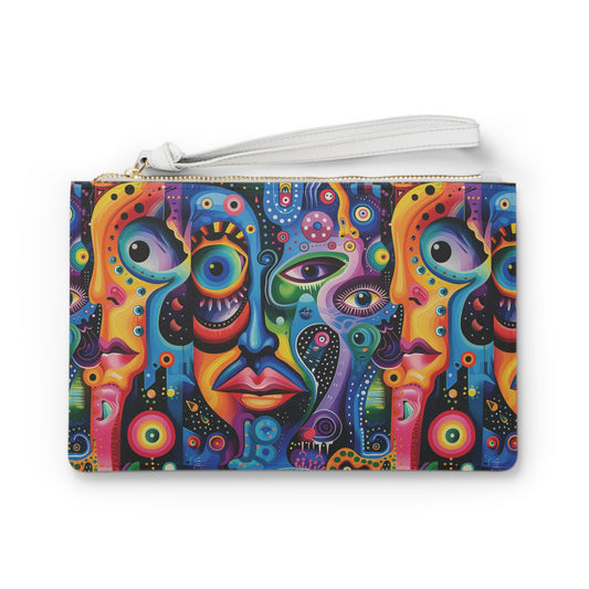 Psychedelic Visions Clutch Bag - Vegan Leather Saffiano Pattern Fashionista On-the-Go Zip Fastening Wrist Strap.