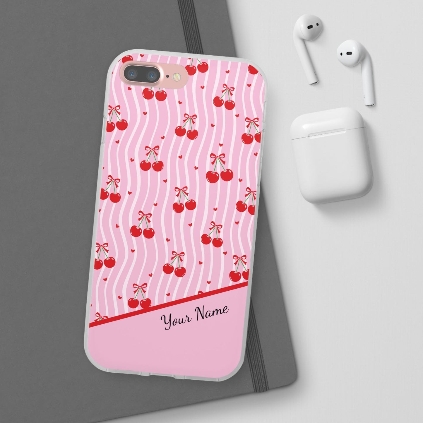 Personalized Cherry Blossom Dreams Flexi Case — Pink Retro Cherry iPhone® 7/8, 11, 12, 13, 14, 15, 16, 17, X/XS, SE, XR, Mini, Pro, Pro Max, Plus Cases.