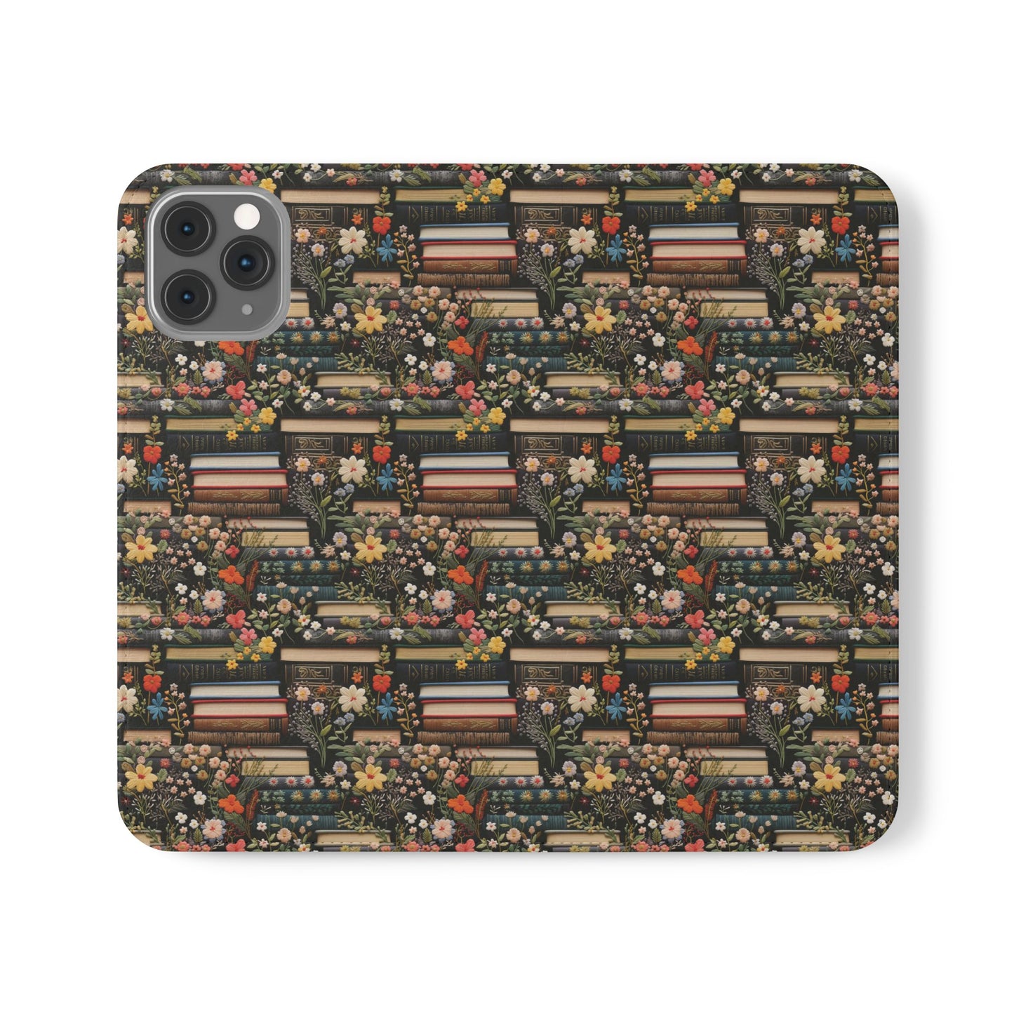 Book Stack Floral Flip iPhone and Samsung Phone Case — Vintage Library Wallet Cover.