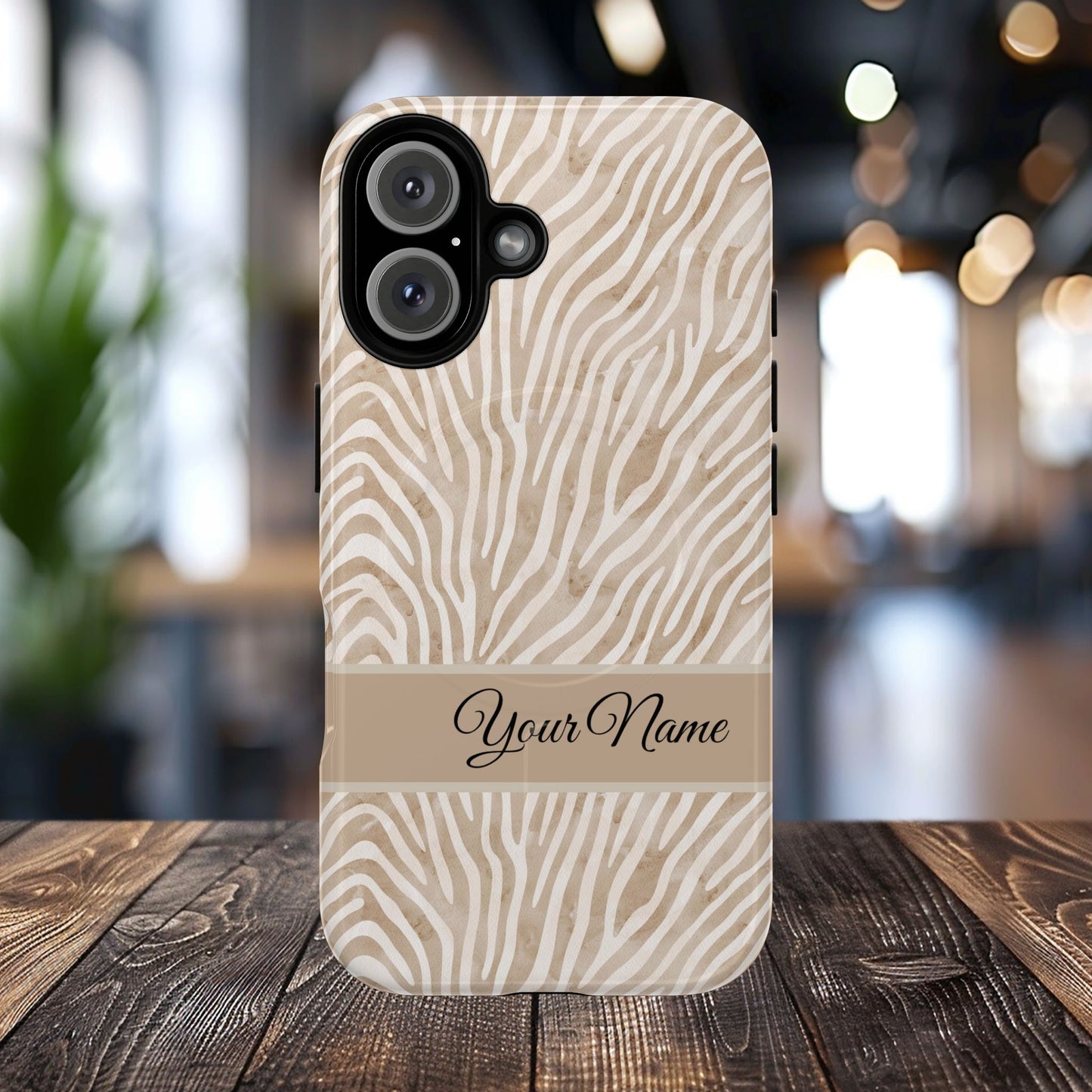 Personalized Zebra Animal Print Cover, Tough Magnetic MagSafe® iPhone® 13, 14, 15, 16, 17, Pro, Pro Max, Plus Cases (Custom Name).