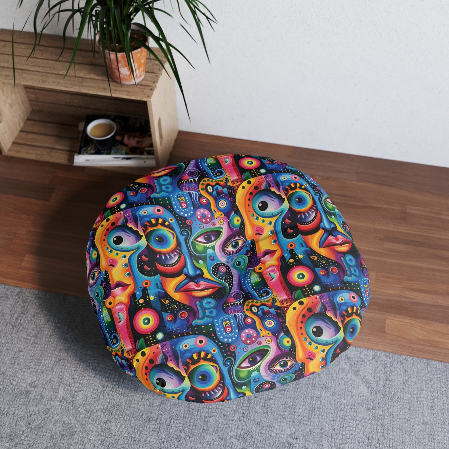 Psychedelic Visions Vibrant Faces Tufted Floor Pillow, Round | Boho Decor, Meditation Cushion, Funky Home Accent, Unique Gift, Pop Art Seating