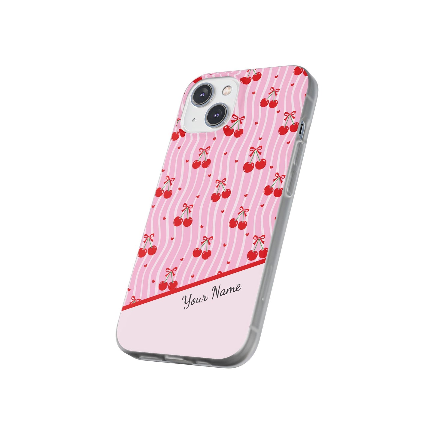 Personalized Cherry Blossom Dreams Flexi Case — Pink Retro Cherry iPhone® 7/8, 11, 12, 13, 14, 15, 16, 17, X/XS, SE, XR, Mini, Pro, Pro Max, Plus Cases.