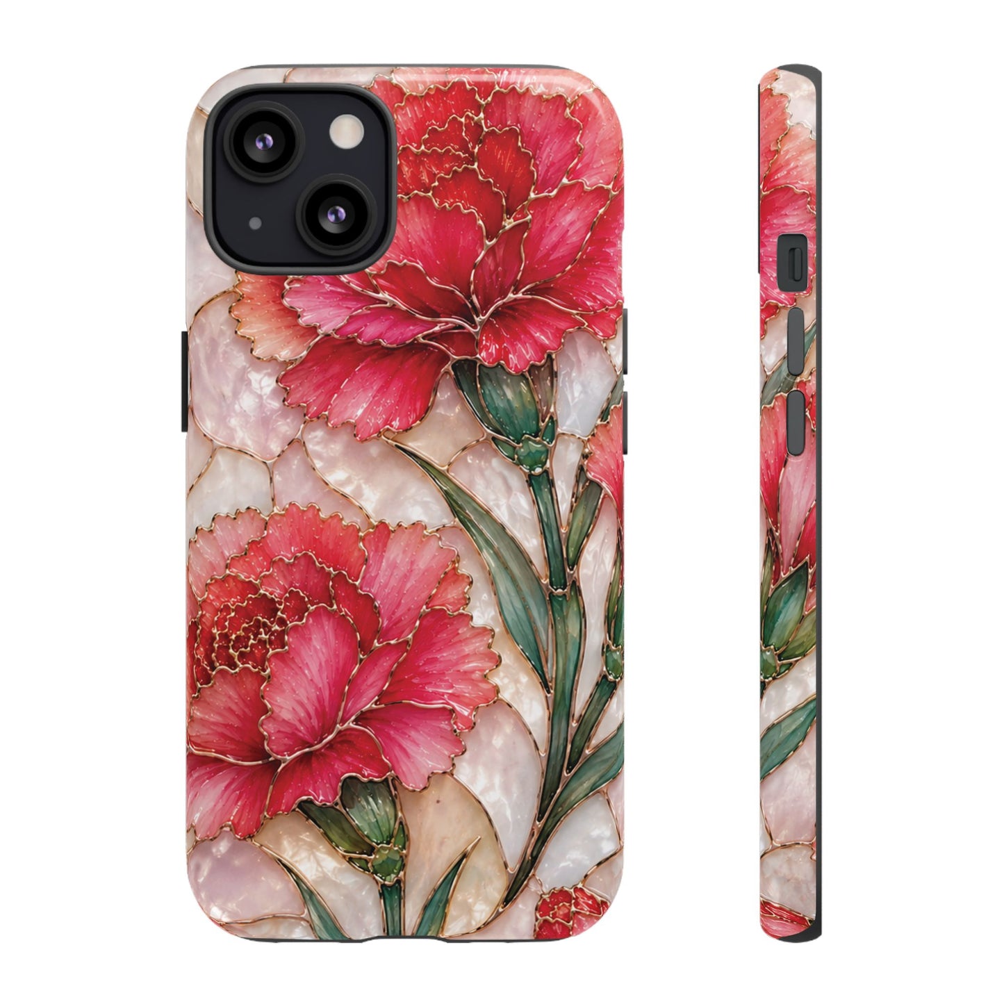 Stained Glass Effect Carnation Floral Tough Phone Case – Pink Vintage Botanical Protective Cover
