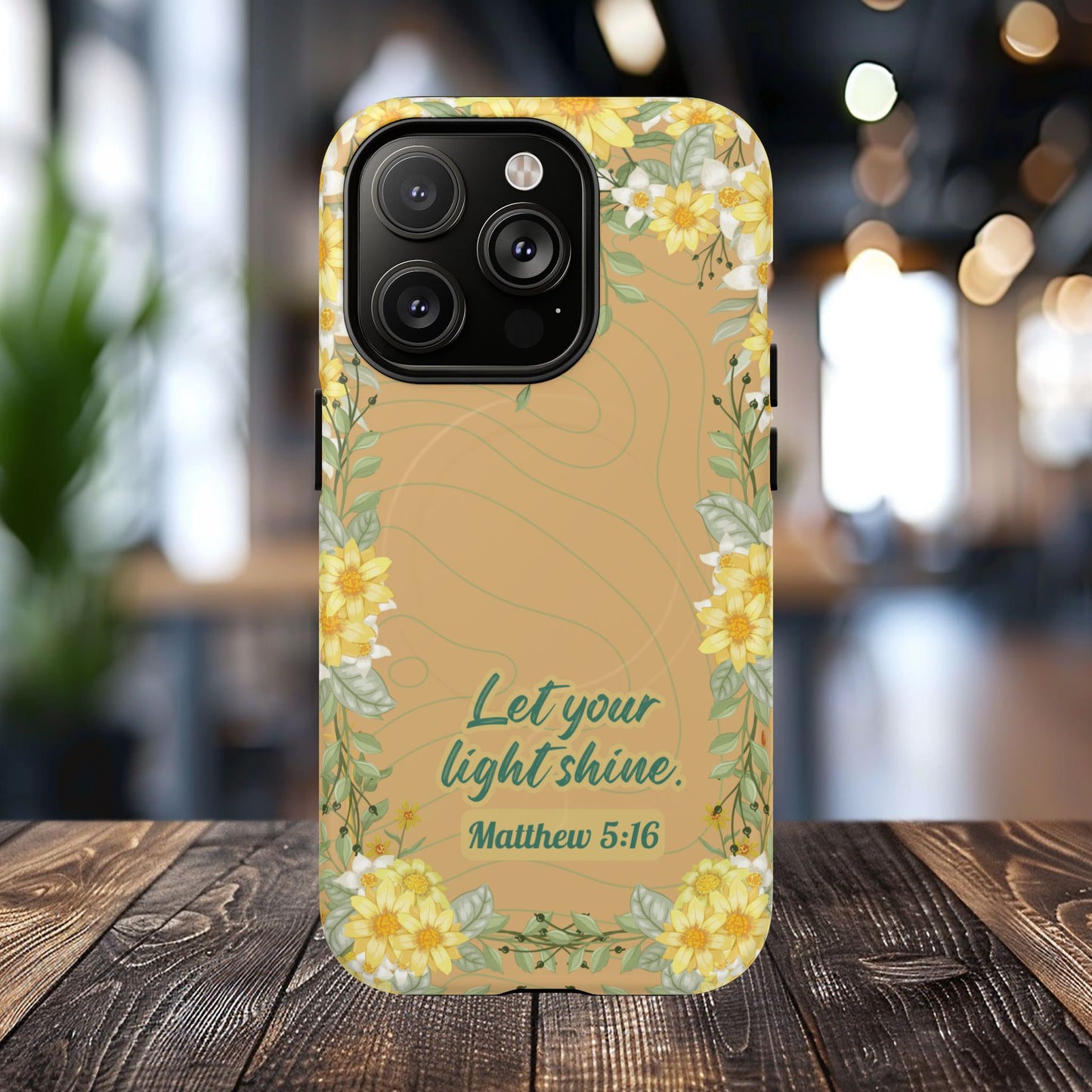 Let your Light Shine Matthew 5:16, Inspirational Gift, Tough iPhone Magnetic Case Scripture, Floral Bible Verse, MagSafe® iPhone® Tough Case, iPhone 14, iPhone 15, iPhone 16, Pro, Pro Max, Plus.