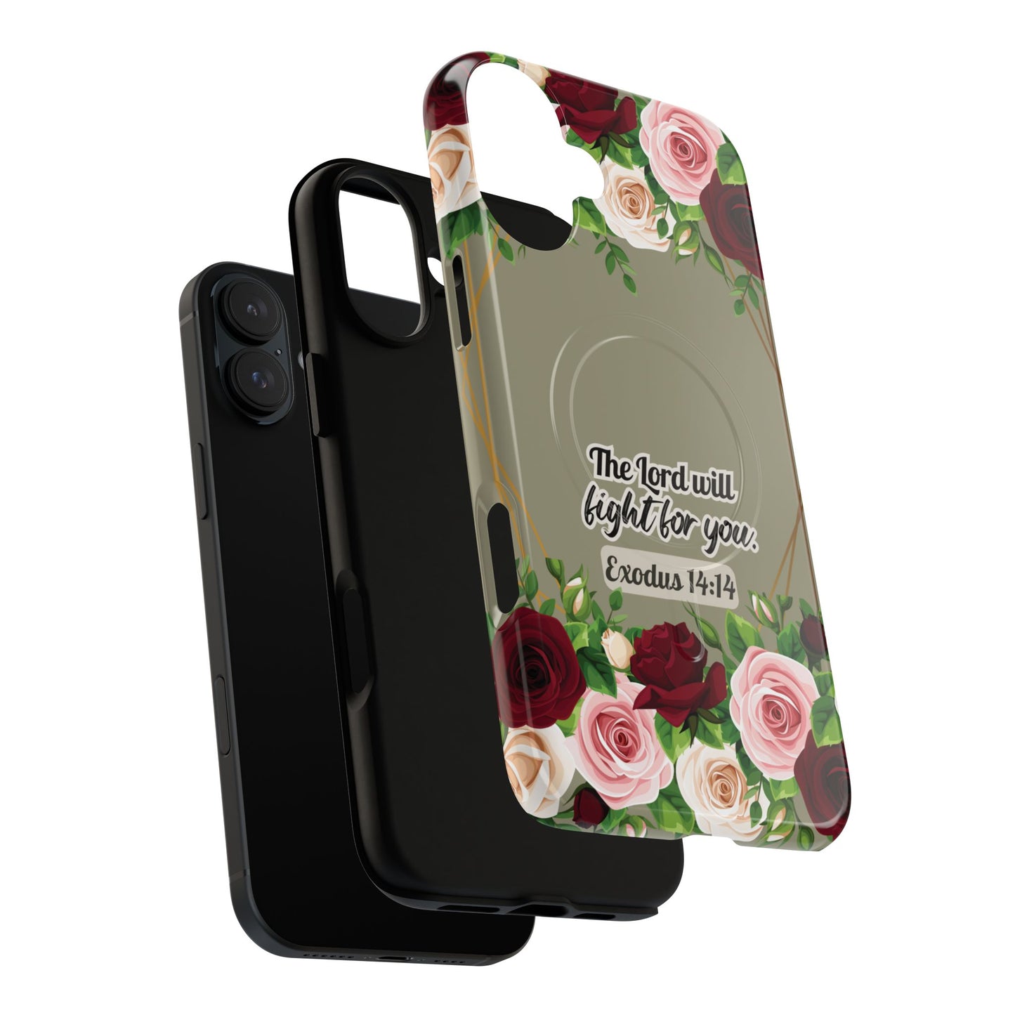 The Lord will Fight for You Exodus 14:14, Inspirational Gift, Tough iPhone Magnetic Case Scripture, Roses Bible Verse, MagSafe® iPhone® Tough Case, iPhone 14, iPhone 15, iPhone 16, Pro, Pro Max, Plus.