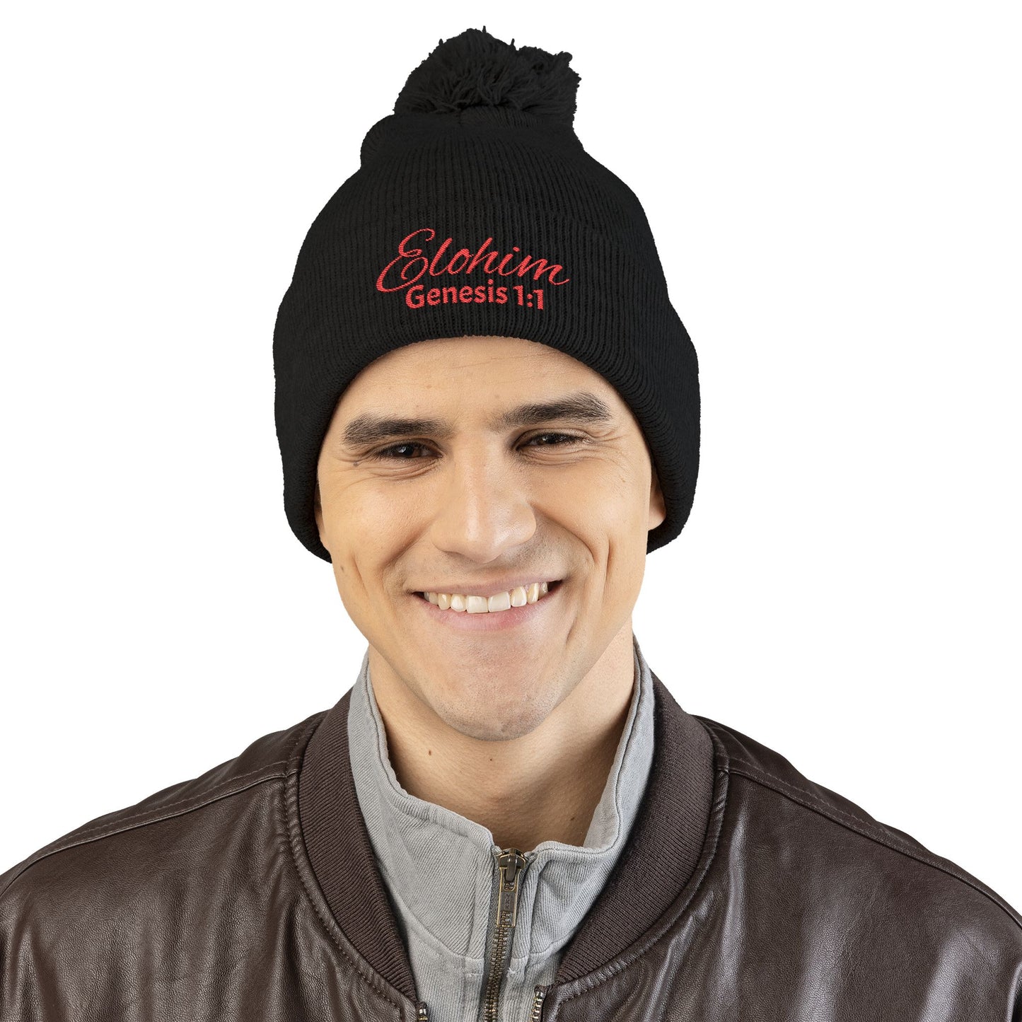 Red Pom-Pom Knit Cap with 'ELOHIM, GENESIS 1:1'  Embroidery Beanie - Stylish Winter Accessory for All Ages, Perfect Gift for Birthdays, Holidays, and Outdoor Activities