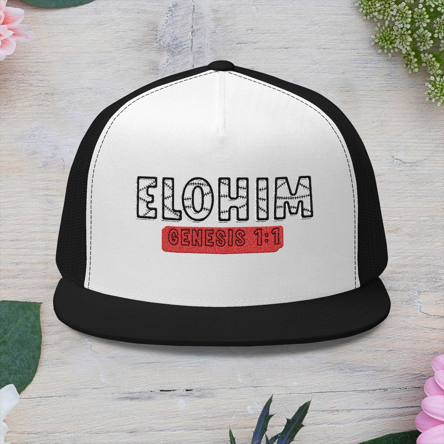 'ELOHIM, GENESIS 1:1'  Embroidered 5 Panel Trucker Cap | Casual Style Hat, Adjustable, Unisex, Perfect Gift for Outdoors, Festivals, Daily Wear